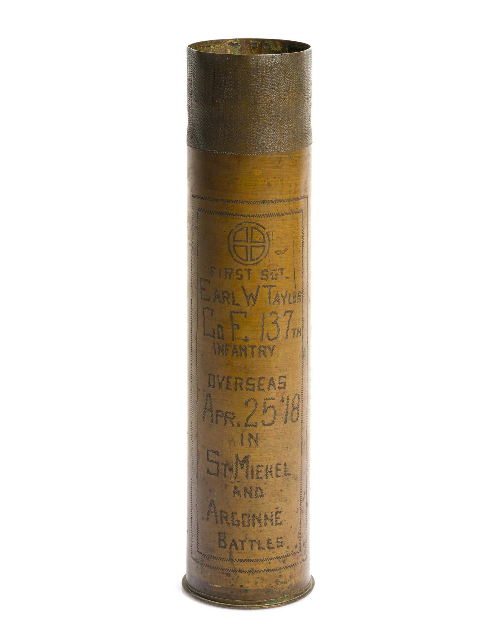 WWI Trench Art Shell: Made in memory of First Sgt. Earle W. Taylor and presented to his Mother. Earle W. "Skinny" Taylor (1894-1918) grew up in Seneca, Kansas, where he was extremely popular, excelled in sports, and was re