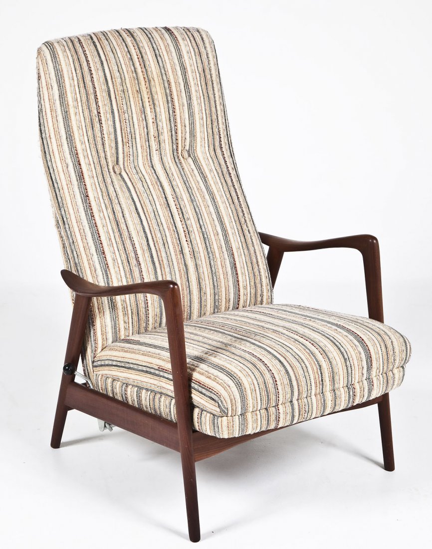 Danish Modern Recliner Lounge Chair: DESCRIPTION: Danish Modern recliner lounge chair with striped cloth upholstery. Side control rocking mechanism sets to various reclining settings. Teak frame. MEASUREMENTS: 23" x 21" x 40" high at bac