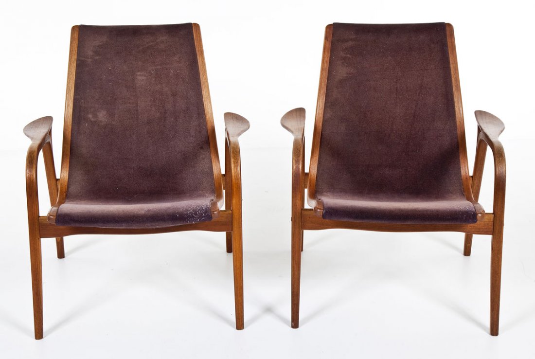 Pair Swedese Yngve Ekstrom Lamino Chairs: DESCRIPTION: A pair of Yngve Ekstrom for Swedese Lamino lounge chairs. Teak with brown suede upholstery. Stamped "Swedese Design Yngve Ekstrom Made in Sweden". MEASUREMENTS: 18" x 20" x 30-1/2" high a
