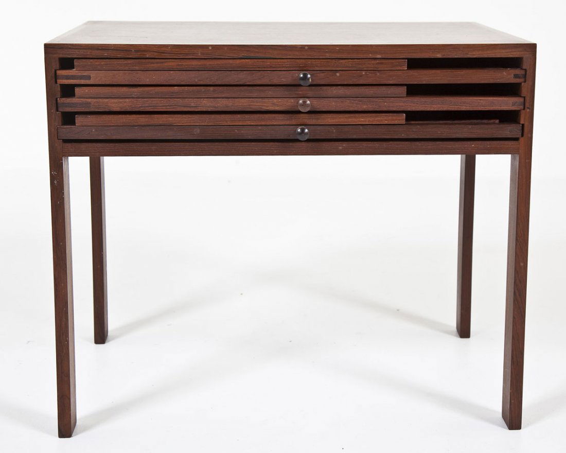 Illum Wikkelso for Silkeborg Stacking Tables: DESCRIPTION: Set of Illum Wikkelso for CFC Silkeborg rosewood stacking tables, three folding and one as frame. Circa 1960's. MEASUREMENTS: 23-1/4" x 15-3/4" x 19-3/4". CONDITION: Minor spotting to fin