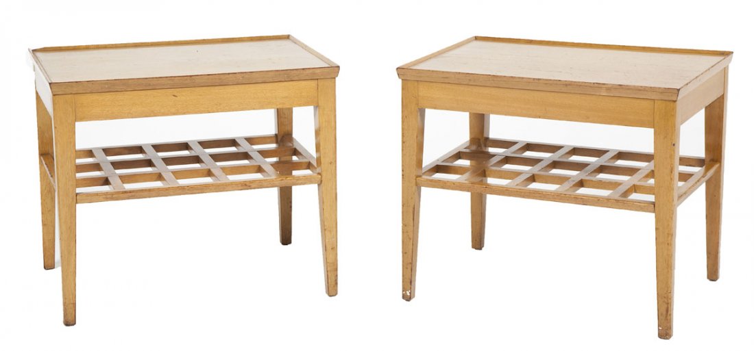 Pair of Modern Blonde Mahogany End Tables: DESCRIPTION: Pair of modern blond mahogany end tables, each with a single lattice style shelf and tapered legs. One with "Genuine Mahogany" label. MEASUREMENTS: 18-3/4" x 25-1/2" x 22". CONDITION: Som