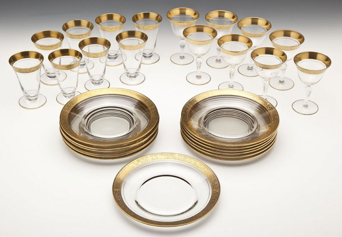 28 Pcs Glastonbury/Lotus Rambling Rose Glass: DESCRIPTION: Twenty-eight piece set of gold encrusted stems and plates in the Rambling Rose pattern by Glastonbury/Lotus. Includes: 1) Seven 5" liquor cocktails 2) Eight 4-1/2" juice glass 3) Thirteen