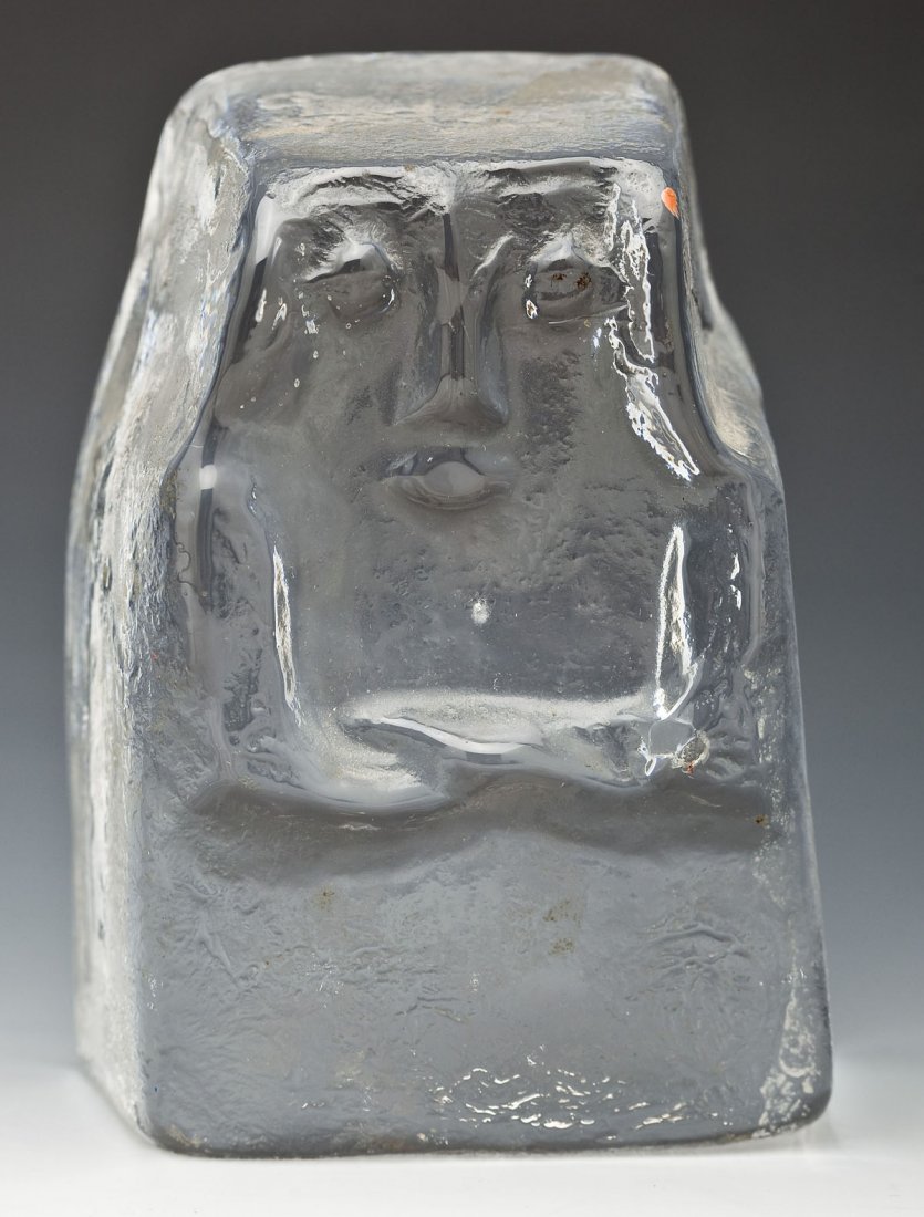 Erik Hoglund for Boda Glass Sculpture: DESCRIPTION: Mid-century cast glass sculpture by Erik Hoglund for Boda. Block form with concave face. Etched under base "Boda H1025". MEASUREMENTS: 3" x 4-1/2". CONDITION: Scattered scratches under ba