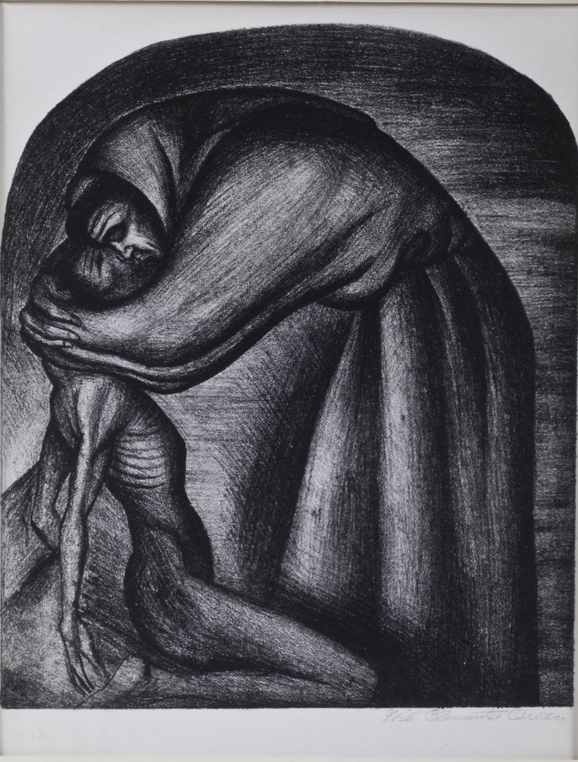 After Jose Clemente Orozco (Mexico 1883-1949): DESCRIPTION: After Jose Clemente Orozco (Mexico 1883-1949). Copy print of the original signed lithograph "The Franciscan and the Indian" on paper. Matted in metallic frame. Orozco was a Mexican social