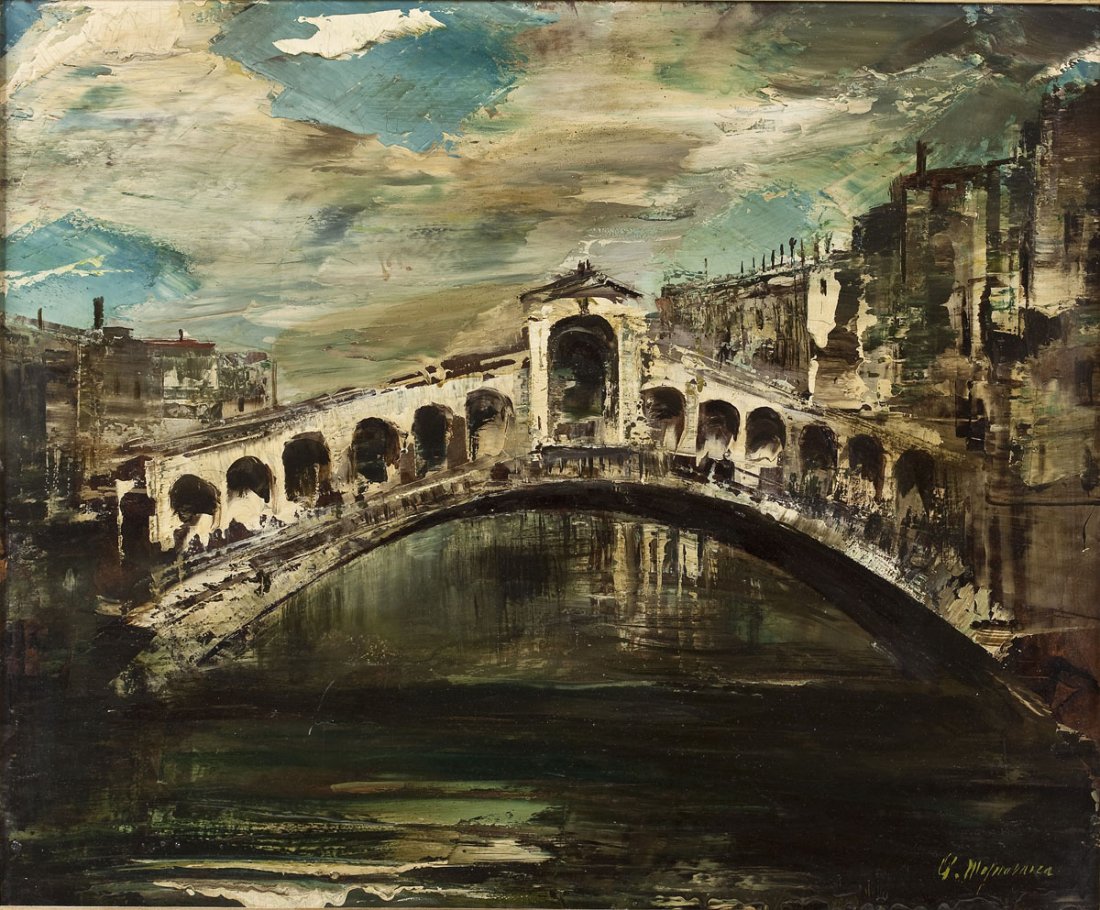 Continental School (20th Century): DESCRIPTION: Continental School (20th Century). Oil on board. Bridge over water. Signed in lower right. In wood frame. MEASUREMENTS: 19" x 23". Overall with frame 27-5/8" x 31-5/8". CONDITION: Some we