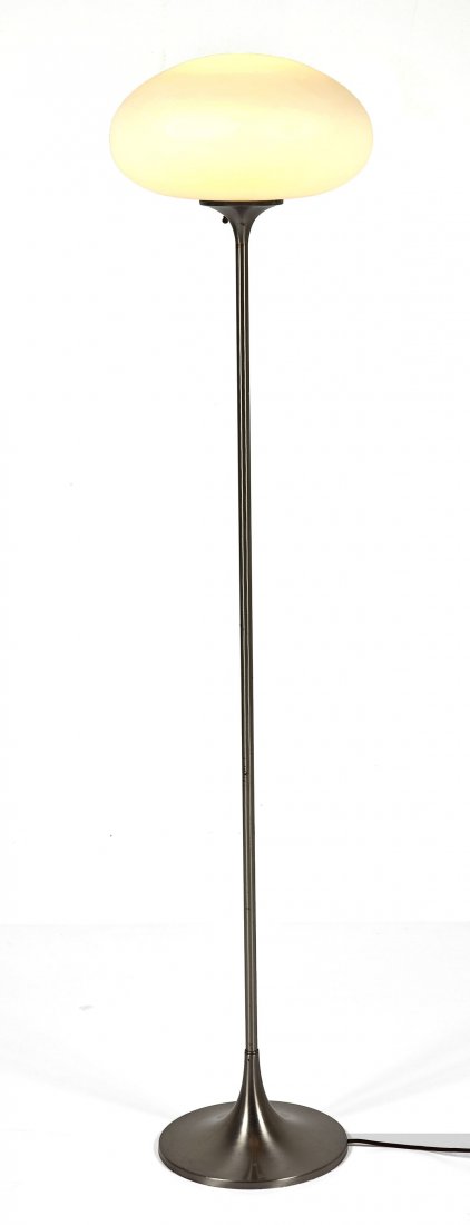 Laurel Brushed Stainless Steel Floor Lamp: DESCRIPTION: Laurel mid-century brushed stainless steel floor lamp with original mushroom frosted glass shade. MEASUREMENTS: 56-1/2" high. CONDITION: Some scratches on lowest part of base. In working 