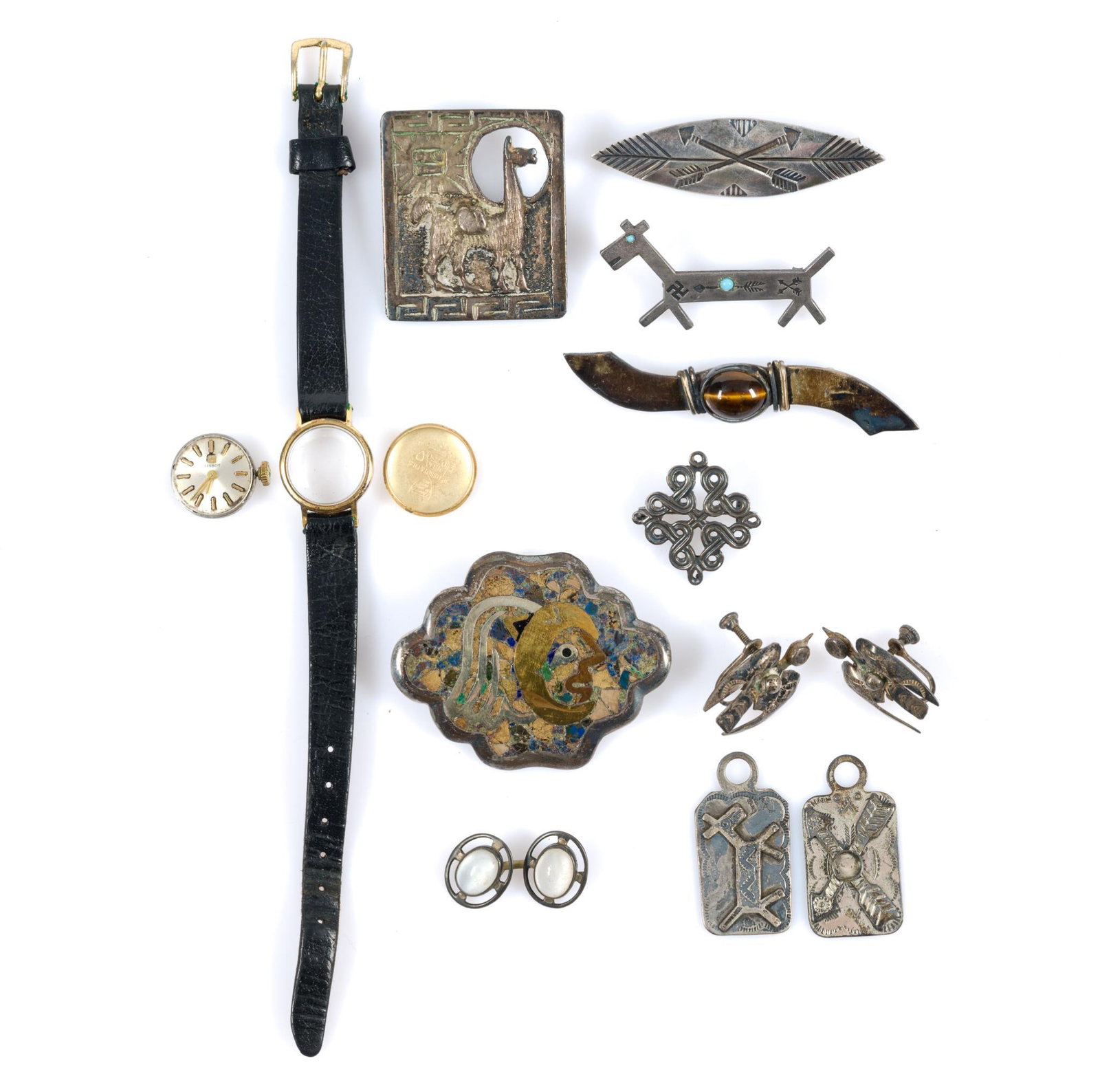Tissot 18k Gold Watch & Sterling Silver Jewelry: Brooches 1" to 2" wide x 1" to 1-5/8" long. Includes Mexican and Navajo. Watch back of case only weight 1.1 grams. Sterling 1.99 ozt total. 