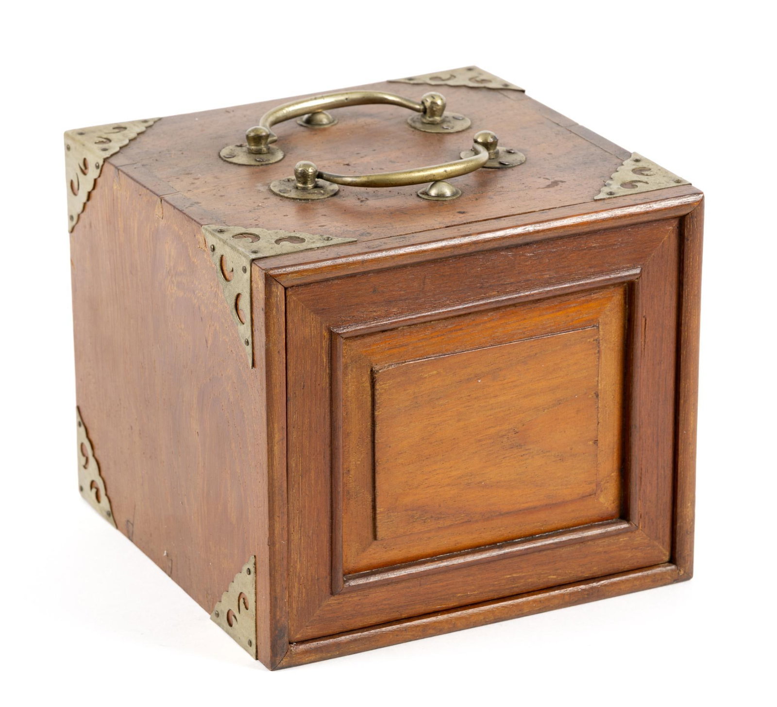 Vintage Chinese Hardwood Mahjong Set: Hardwood case with decorative brass accents and bone tiles with gaming accessories encased in five drawers. Case measures 7-1/2" x 7-3/4" x 6-1/2". 