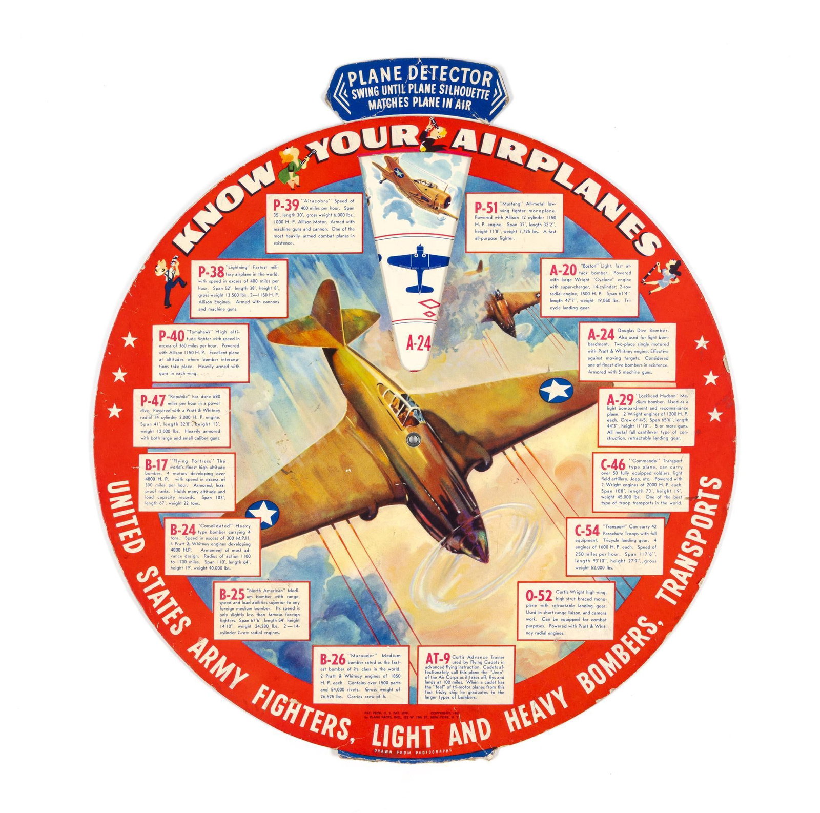 World War II "Know Your Airplanes" ID Wheel Chart: Measures 12-7/8" in diameter. Bottom flap is damaged. 