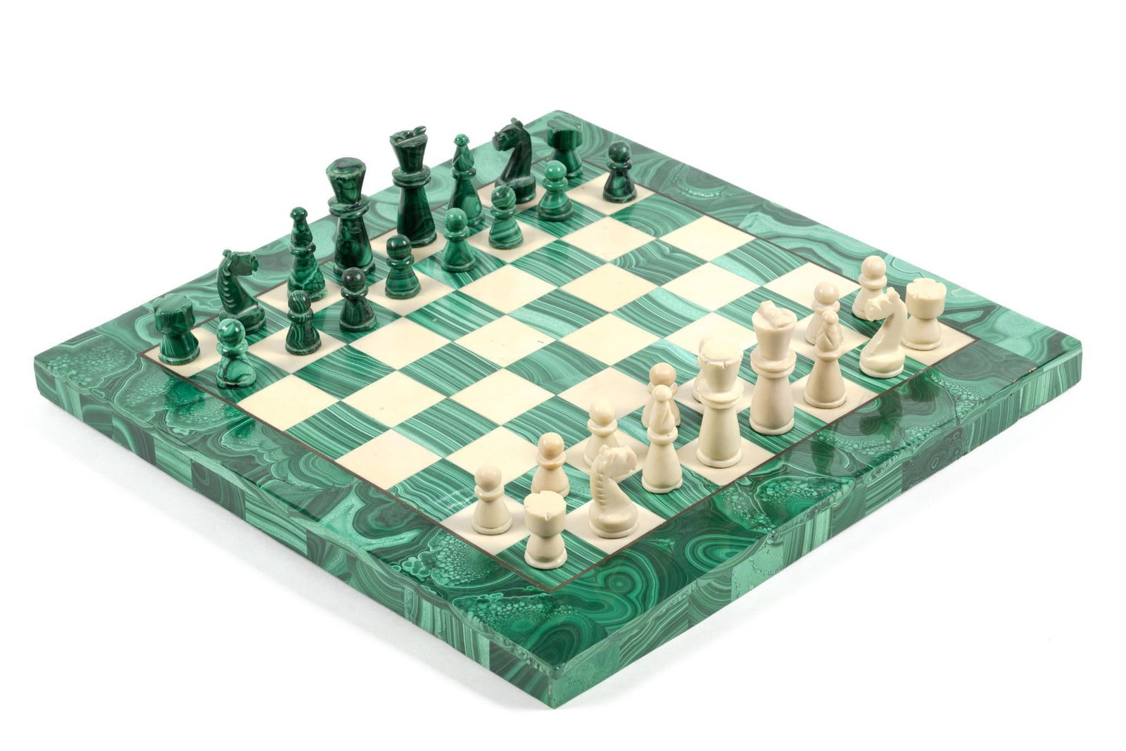Malachite & White Marble Complete Chess Set: Board measures 15-3/4" x 15-7/8".