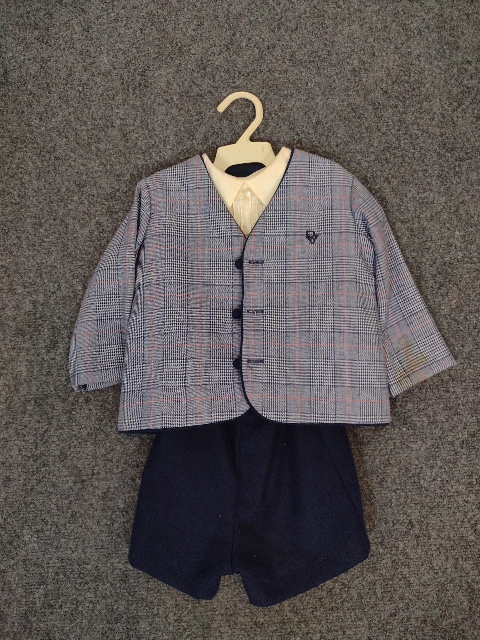 Christian Dior Enfant "Baby Dior" Plaid Suit Outfit: Tag marked 24M. Includes coat, shirt, and overalls. Stain on left sleeve. 