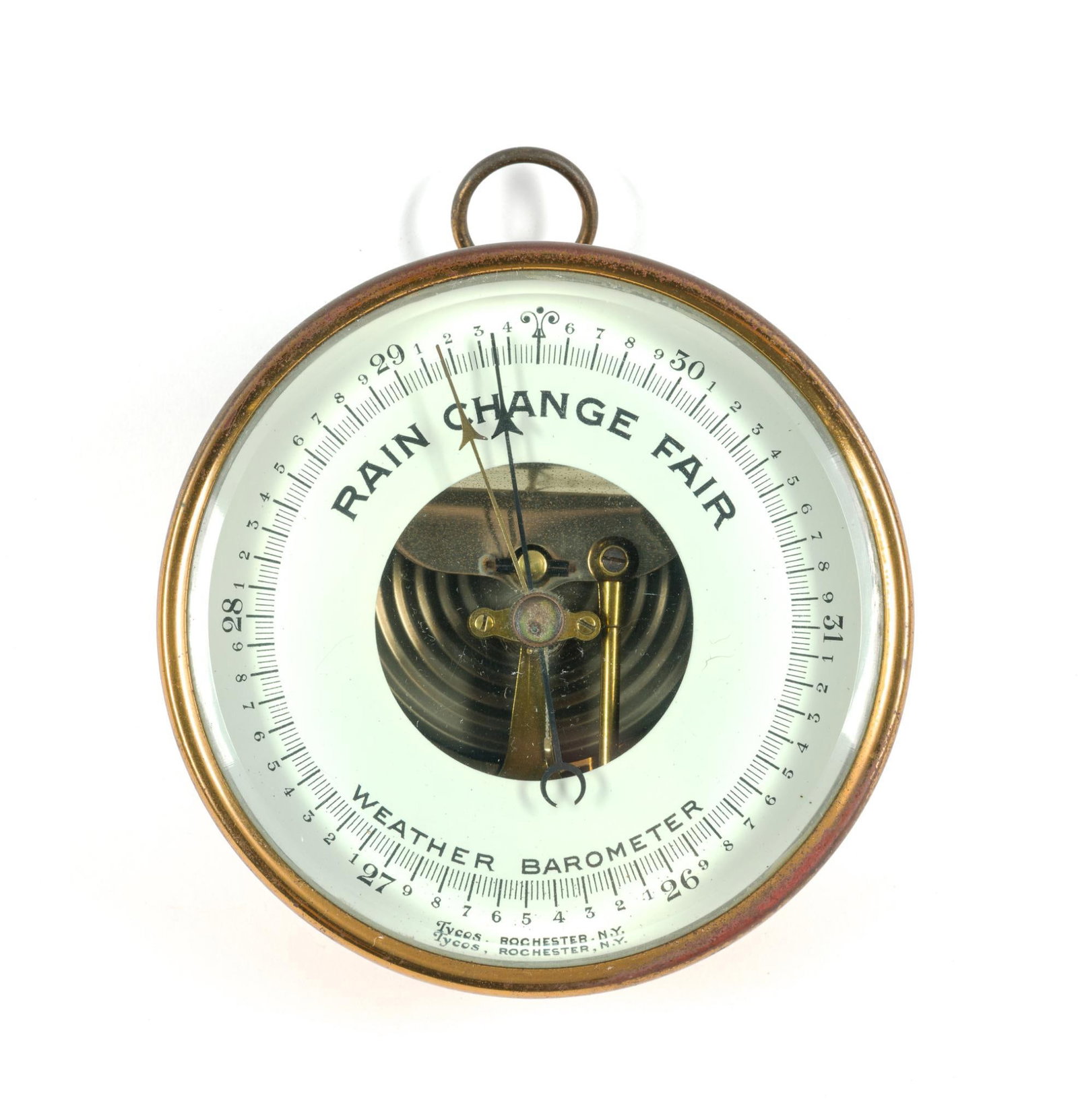 Tycos Open Face Brass Aneroid Barometer: Made by Taylor Instrument Company in Rochester, New York in the early-to-mid 20th century. Measures 5-1/4" x 5-1/4" x 2-1/2".
