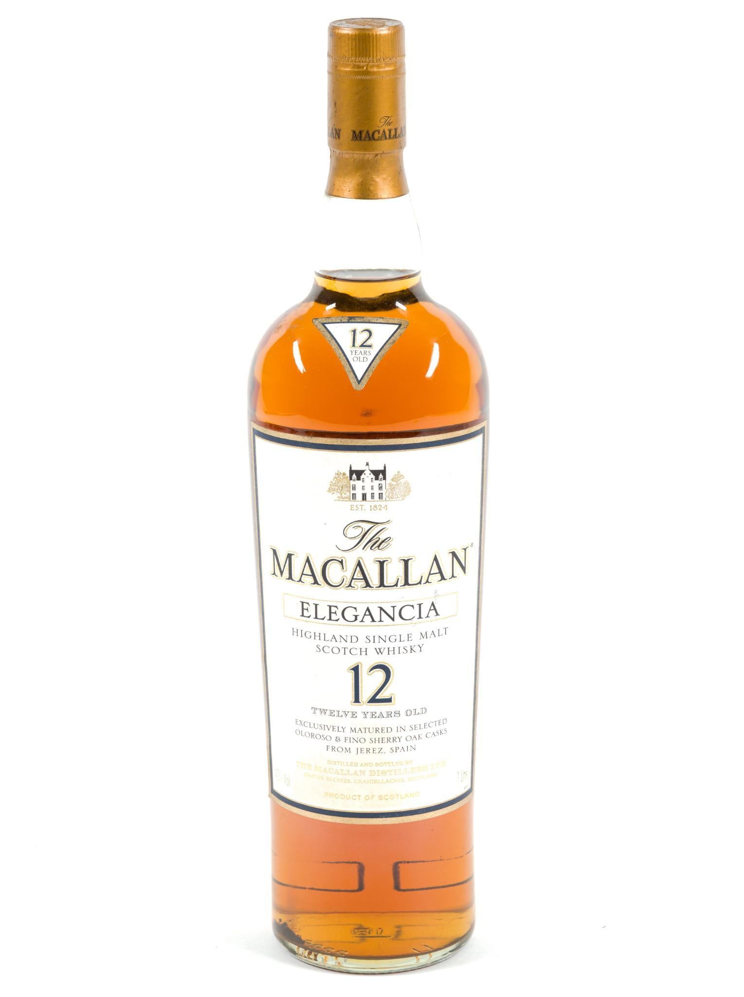 The Macallan Elegencia 12 Year Whiskey: One liter bottle measures 4" x 4" x 14-1/4". Made and matured in Spain. IMPORTANT NOTE: This lot cannot be shipped. Must be picked up at 1500 Paxton St. Harrisburg, PA 17104 with proper photo