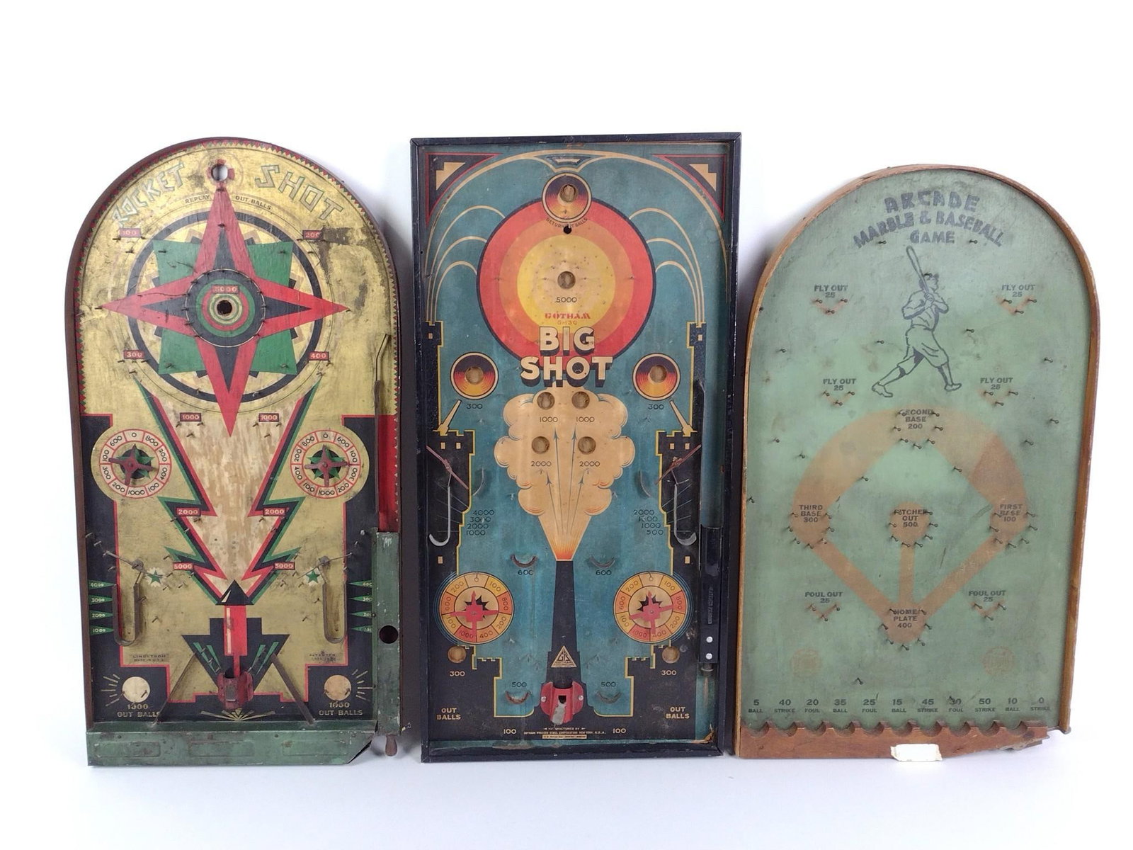 3 Antique Tabletop Pinball Games Incl. Rocket Shot & Gotham: Largest measures 12" x 24-1/4" x 1-1/4". All have some losses due to age and use. 