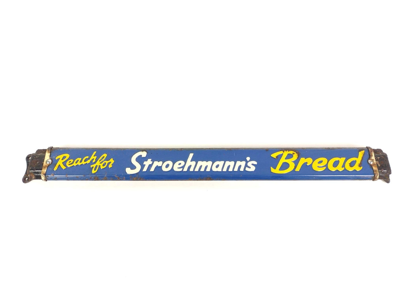 Vintage "Reach For Stroehmann's Bread" Sign: Measures 30-3/4" x 2-1/2" x 2". Some losses to the front, back and sides.