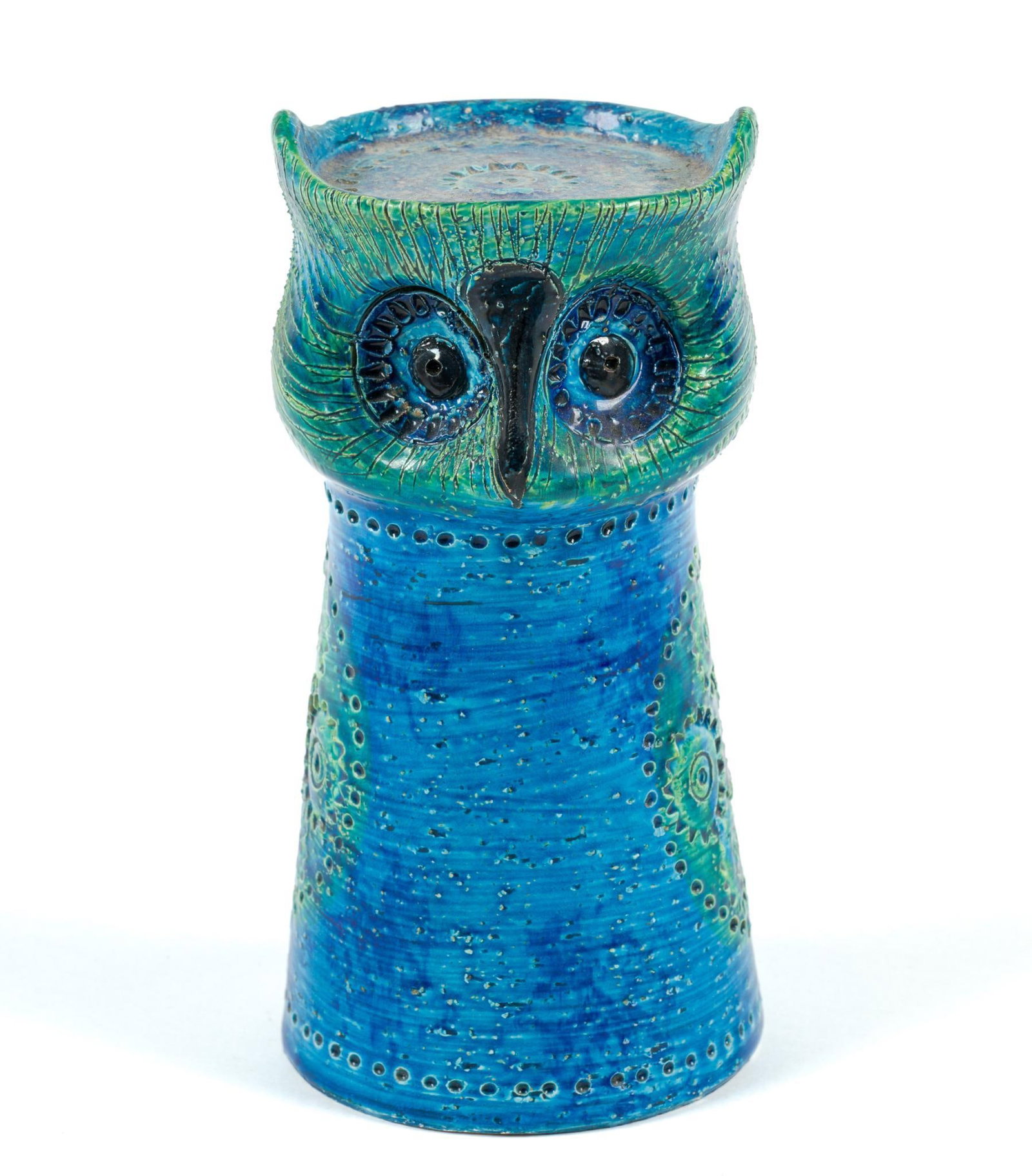 Mid-Century Aldo Londi For Bitossi Ceramic Owl: Imported from Italy by Rosenthal-Netter, in the iconic "Rimini Blue" ceramic glaze. Measures 3-5/8" x 3-3/4" x 7-3/8. Signed on the bottom. 