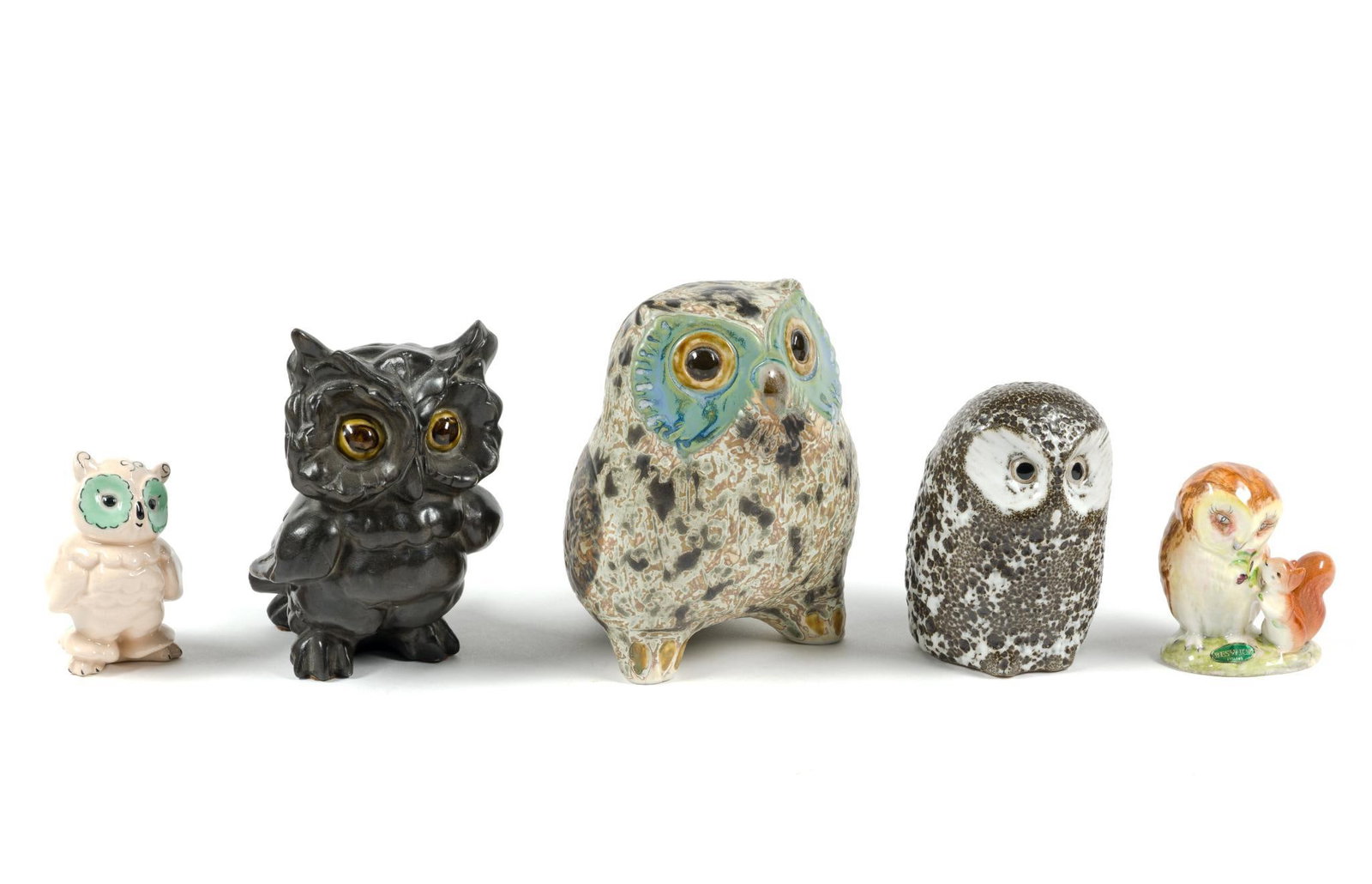 5 Ceramic Owls Incl. Lladro & Pigeon Forge Pottery: Also includes Beswick, Freeman McFarlin and Kay Finch Pottery. Largest measures 4-1/2" x 5-1/2" x 6-1/4" and smallest measures 3" x 2" x 3-1/4".