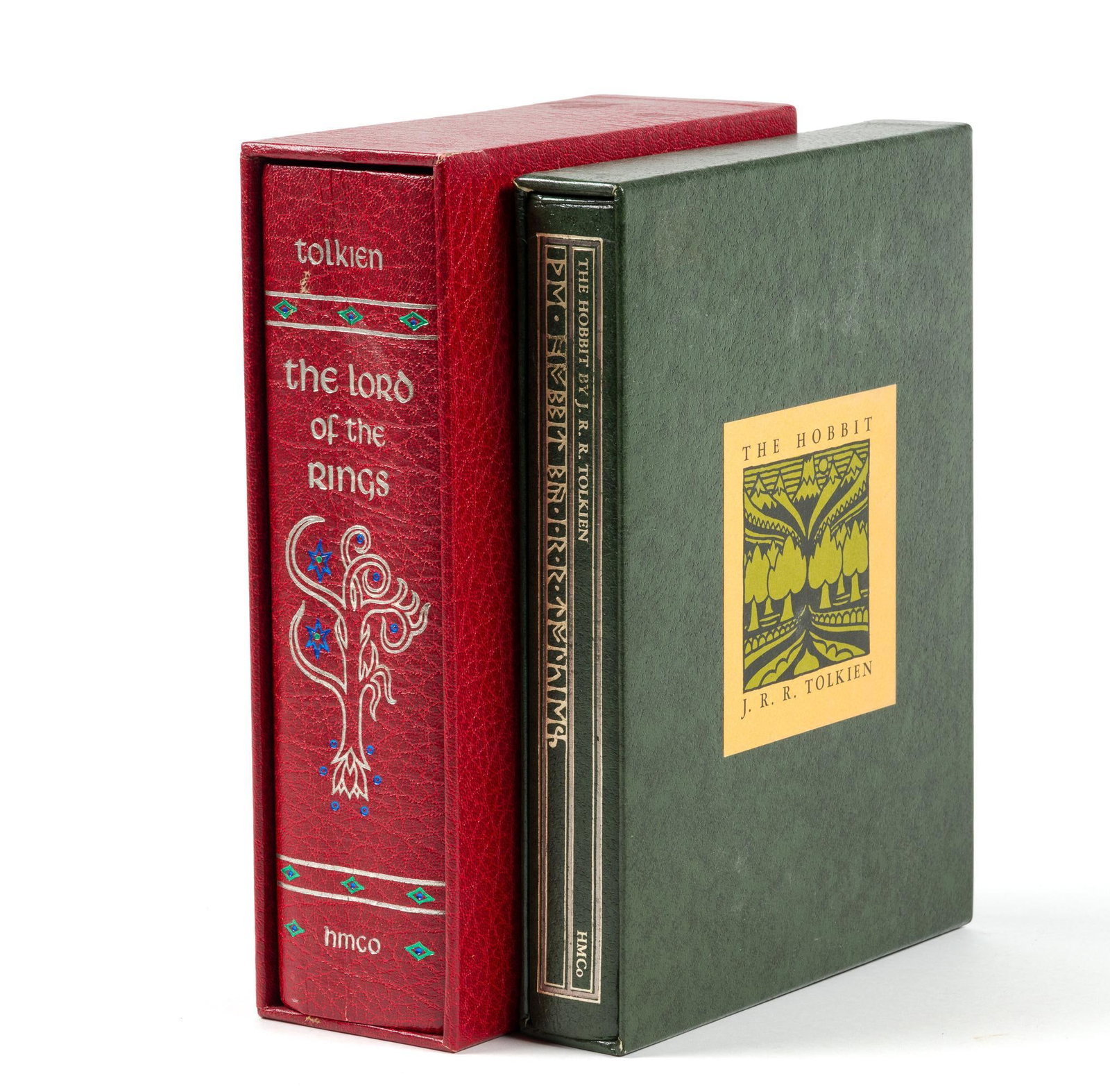 Houghton Mifflin Collectors Edition "The Hobbit" & "The Lord Of The Rings": Both come in protective box. The Hobbit measures 7" x 9-1/2" x 1-1/2" and the Lord Of The Rings measures 6-3/4" x 10" x 3". In very good condition.