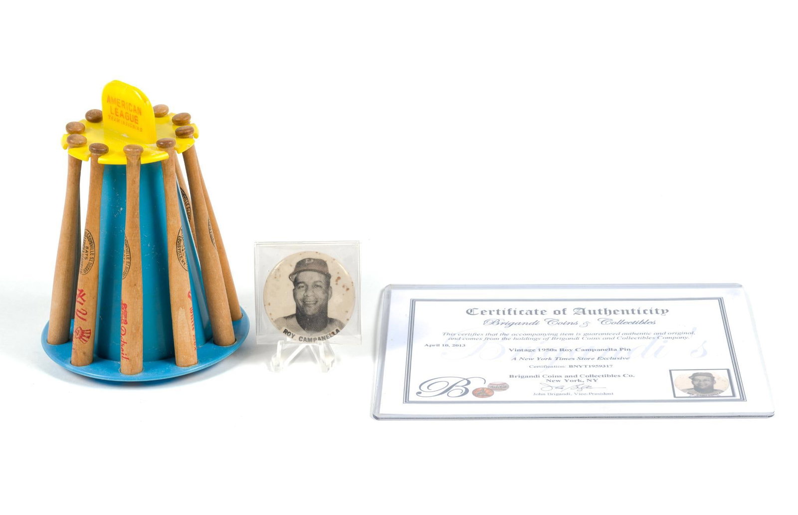 Louisville Slugger American League Mini Bat Bank & Roy Campanella Pin With COA (1 of 6)