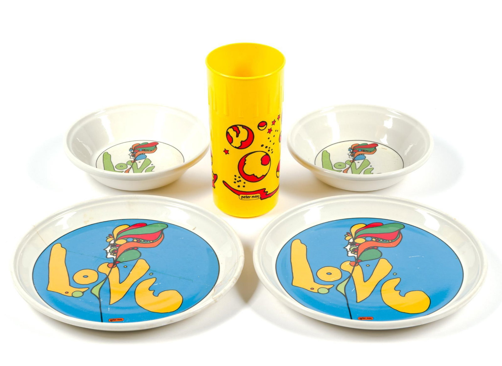 2 Peter Max "Love" Bowls, 2 Plates & Plastic Cup: One of the plates has been repaired, some slight scratches in the design. Plates measure 10" in diameter and bowls measure 7" x 7" x 1-1/2".