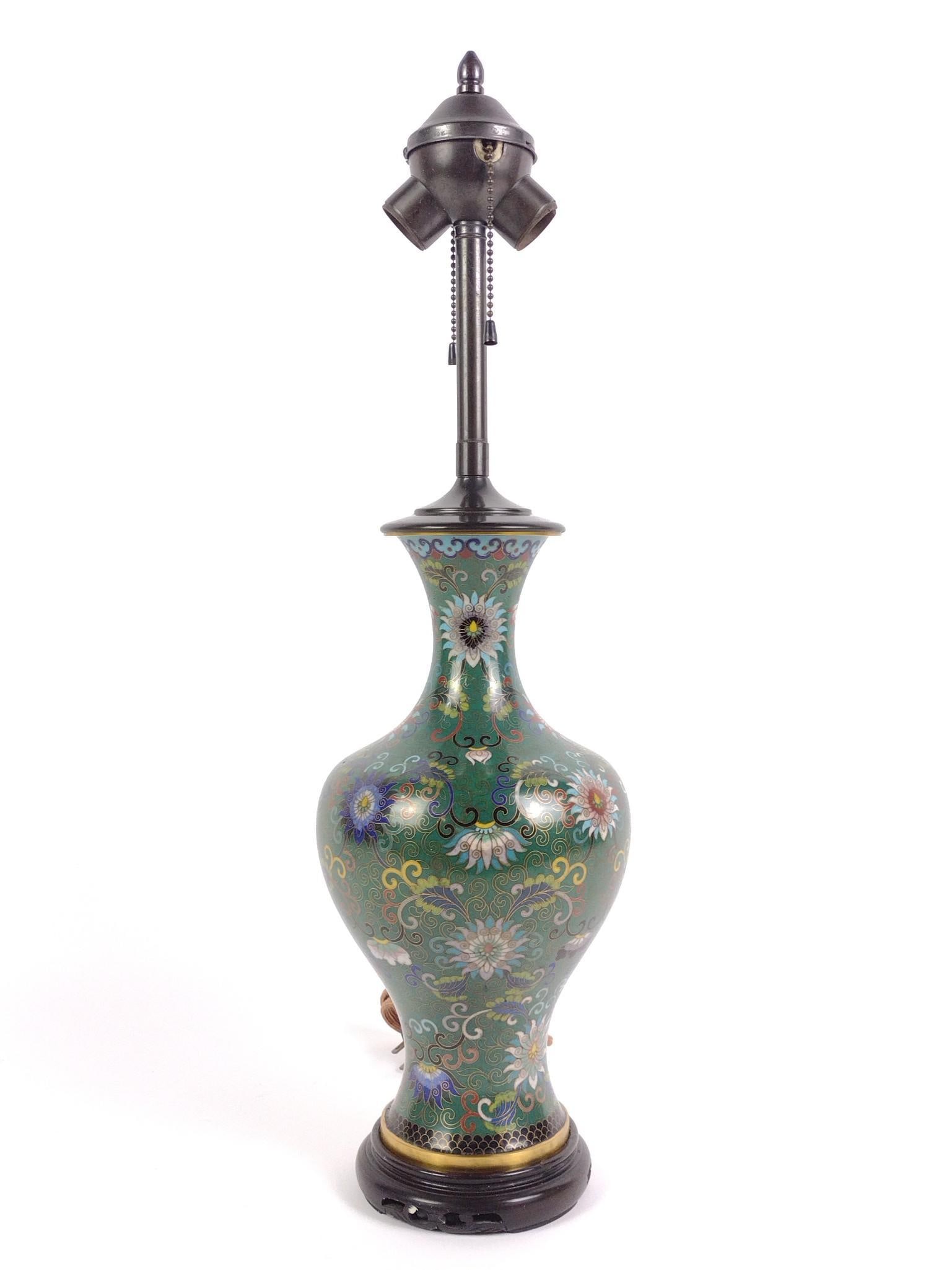 Vintage Cloisonne Enamel Table Lamp: 20th century. No shade. Measures 7" x 7" x 23". 