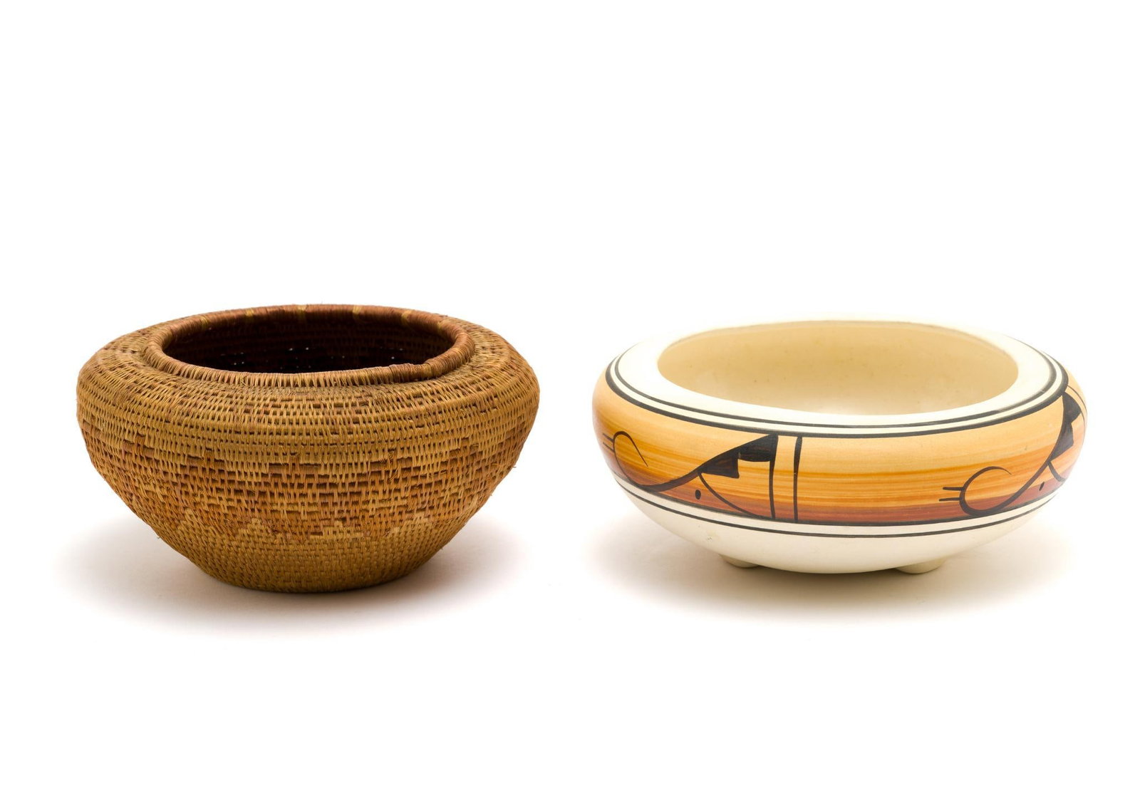 Native American Basket & Native American Bowl: Hopi pottery bowl signed Ijs-Dinett. Quinault basket. 5-1/2" to 6" wide x 2-1/2" to 2-3/4" high. 