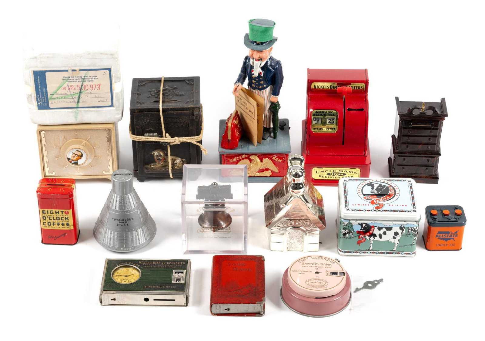14 Tin & Cast Iron Banks Incl. J & E Stevens "Watchdog Bank": The "Watchdog Bank" was made around 1890 by the J & E Stevens Company. This bank has a large crack in the bottom and is held together with a piece of string. Largest measures 4-3/4" x 3-3/4" x 11". Al