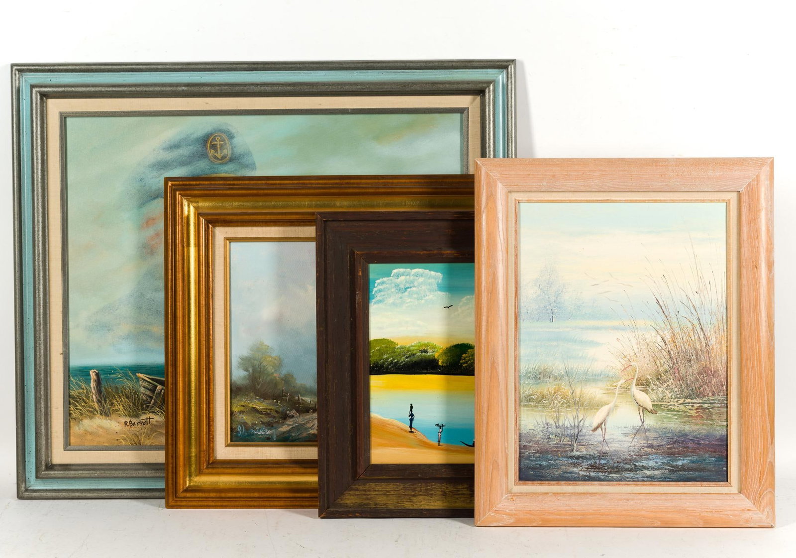 4 Decorative Landscape & Coastal Paintings: All signed, including R. Barnett, DK, and two illegible. 21" to 25-3/4" high x 16-1/2" to 30-1/4" wide. 