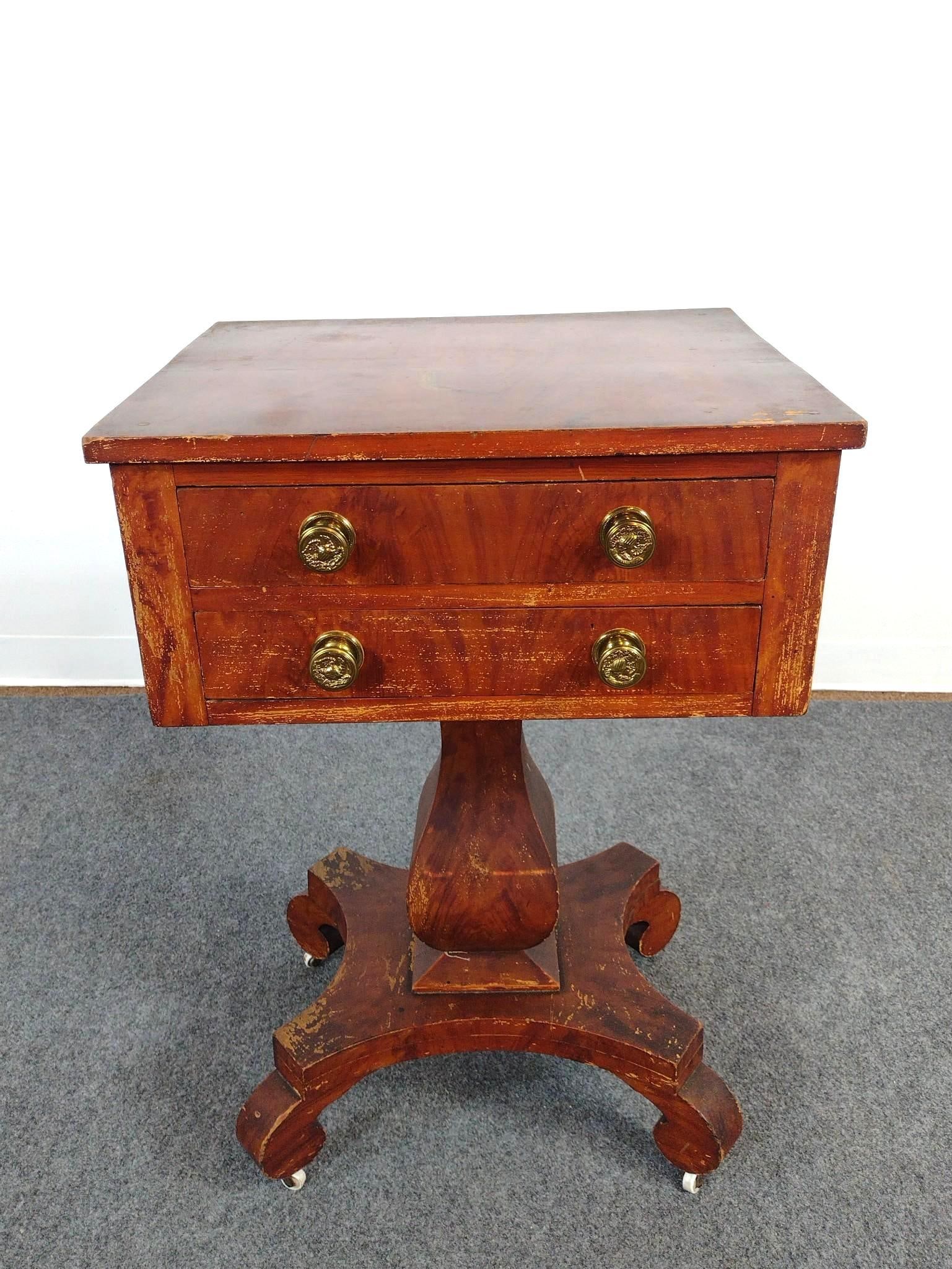 American Empire Sewing or Parlor Work Table: 21" wide X 18" deep X 31-1/2" high. Has scratches and finish loss. 