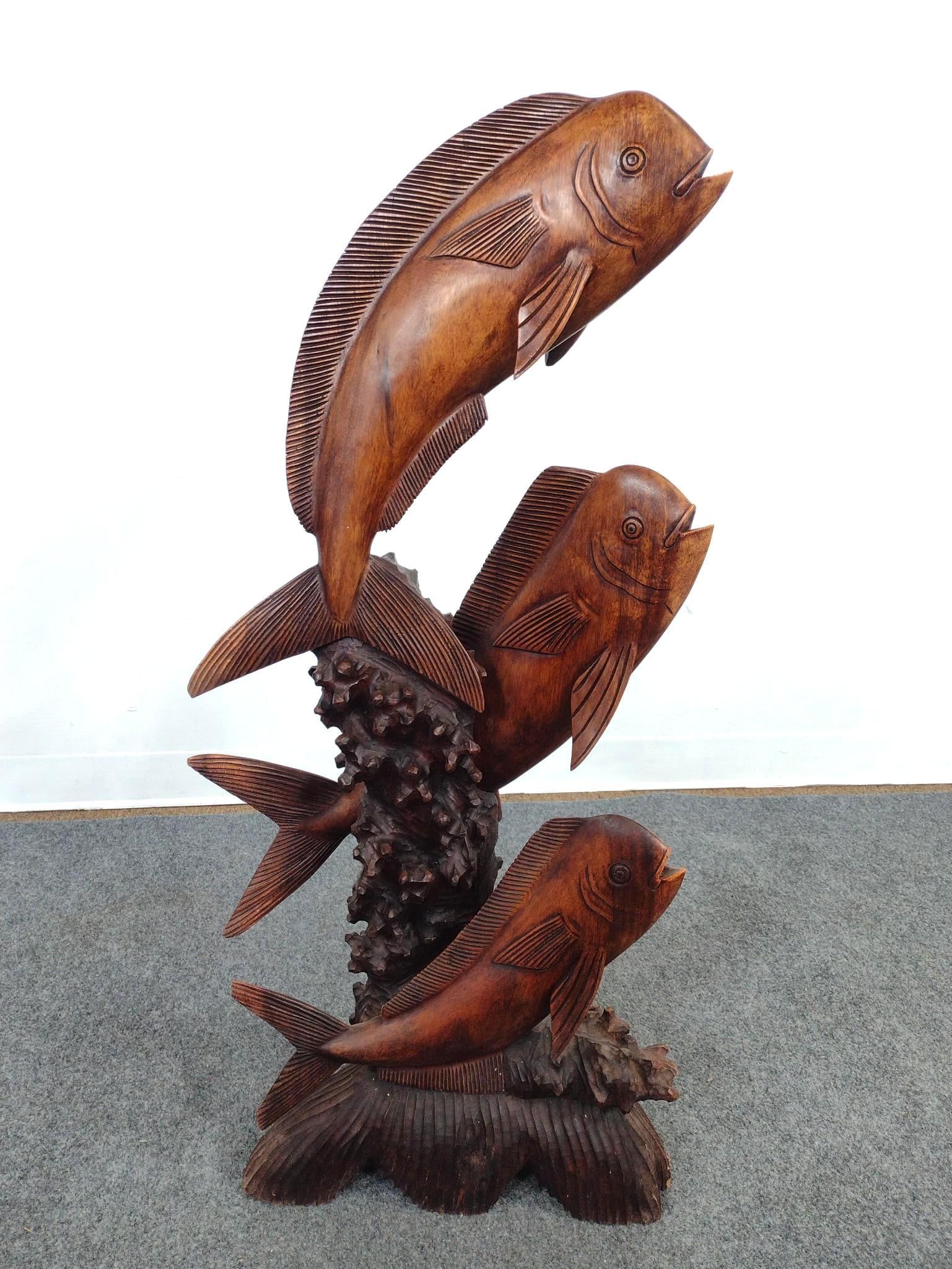 Hand Carved Mahi-Mahi Wooden Sculpture: 17" wide X 7" deep X 39-1/2" high. No signature found. 