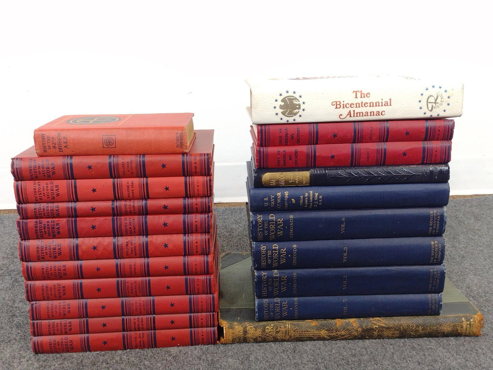 21 WWI & WWII Books: Includes 1776-1976 America's 200 Years; This Is America My Country; Pictorial History of the Second World War; U.S. Navy At War 1941-1945; and more. 