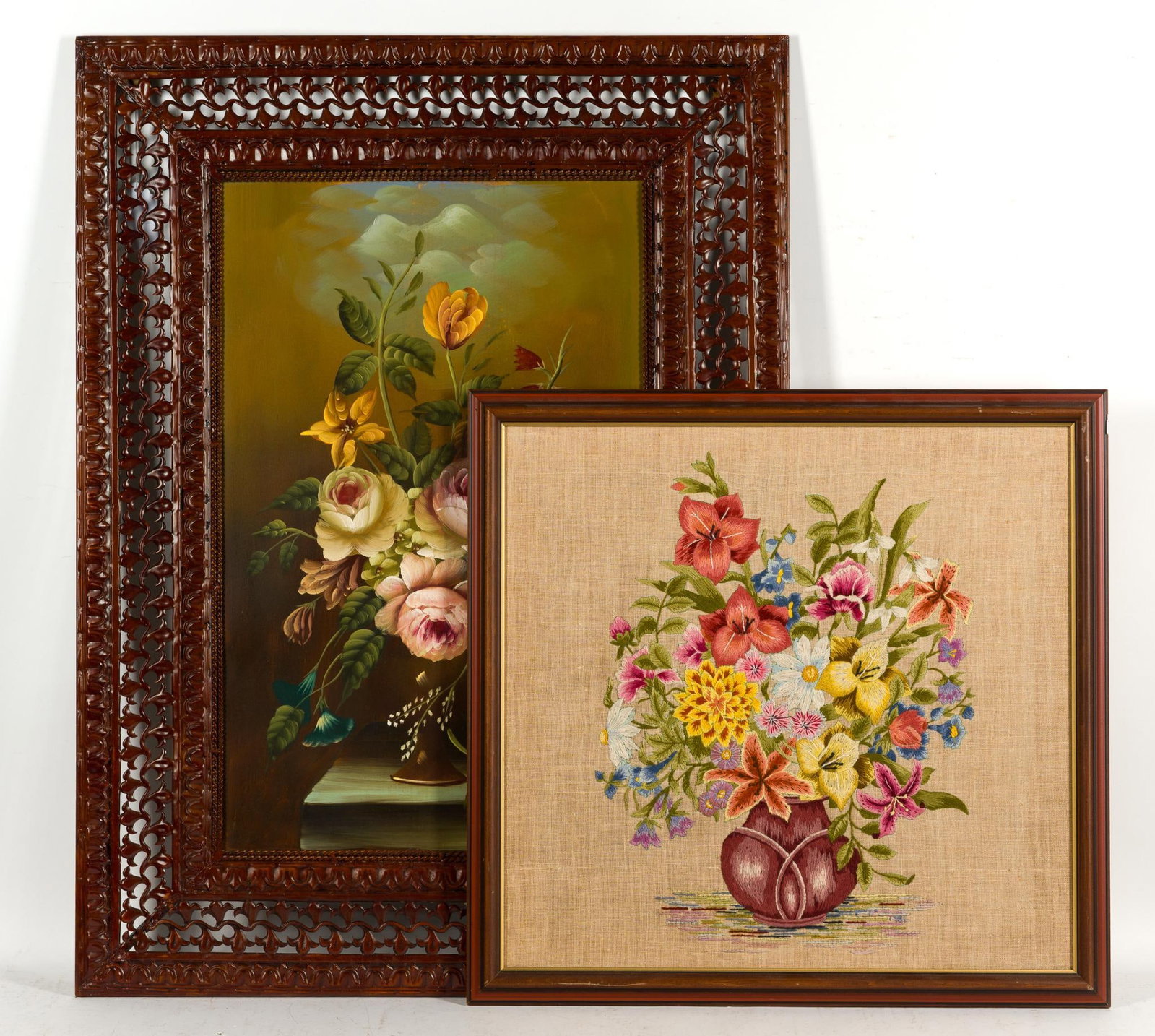 2 Floral Art Pieces: Includes needlepoint and painted bouquet. 25" to 38-3/4" high x 25-1/2" to 28-3/4" wide. 