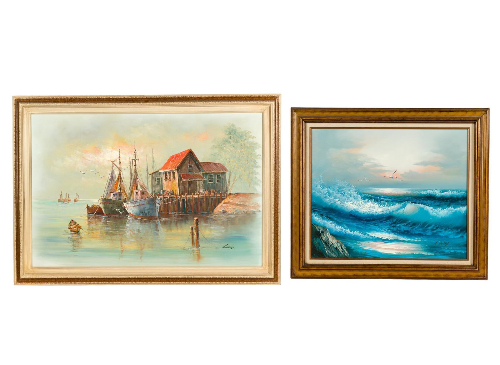 2 Maritime Oil Paintings: Both signed. 26" to 29-1/4" high x 30" to 41-1/2" wide. 