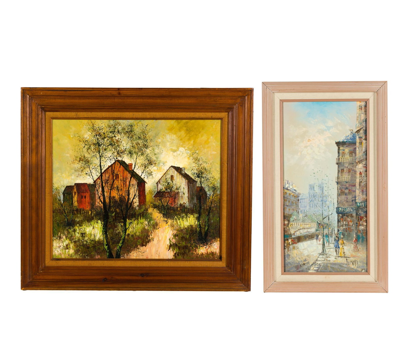 2 Framed Oil Paintings: Includes barn scene and cityscape Parisian street scene signed Burnett. 28-1/4" to 29-1/4" high x 17-1/4" to 32-1/4" wide. 