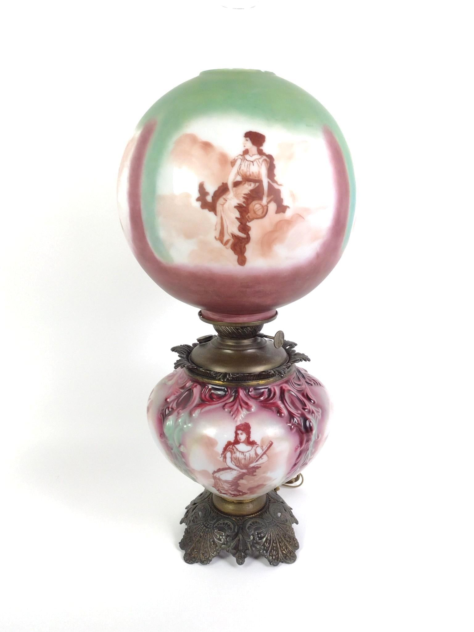 Victorian Gone with the Wind Parlor Lamp: Electrified, missing chimney hurricane shade. Measures 12" x 12" x 28". Untested. 