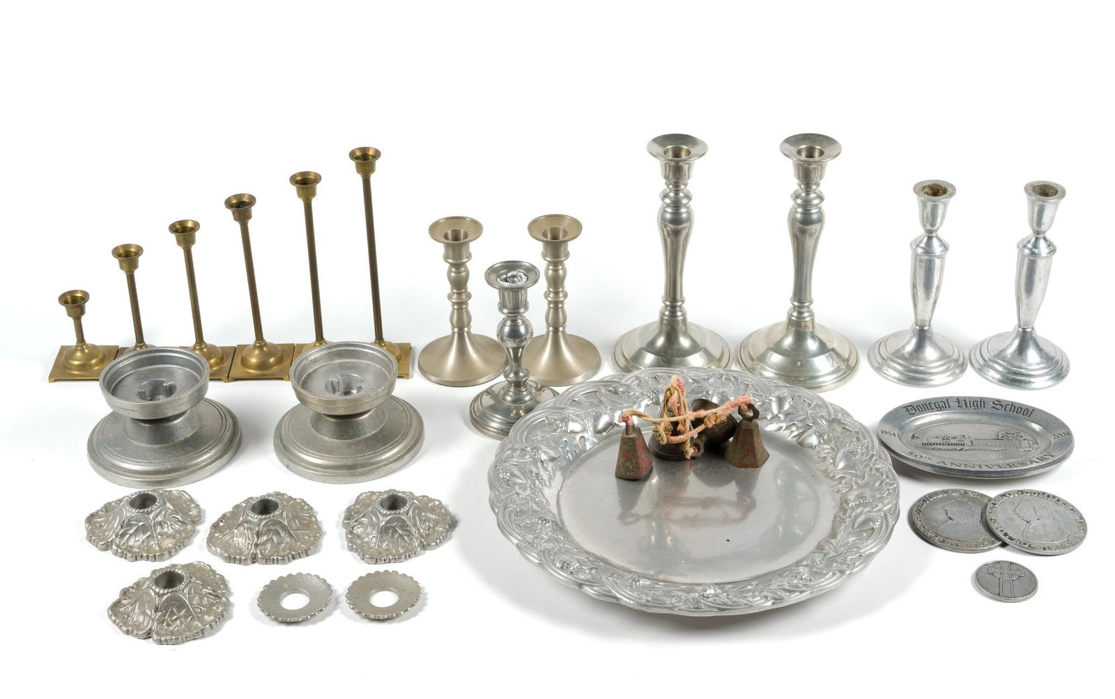 Brass Candlesticks & Assorted Pewter: Largest candlestick measures 9" tall. 
