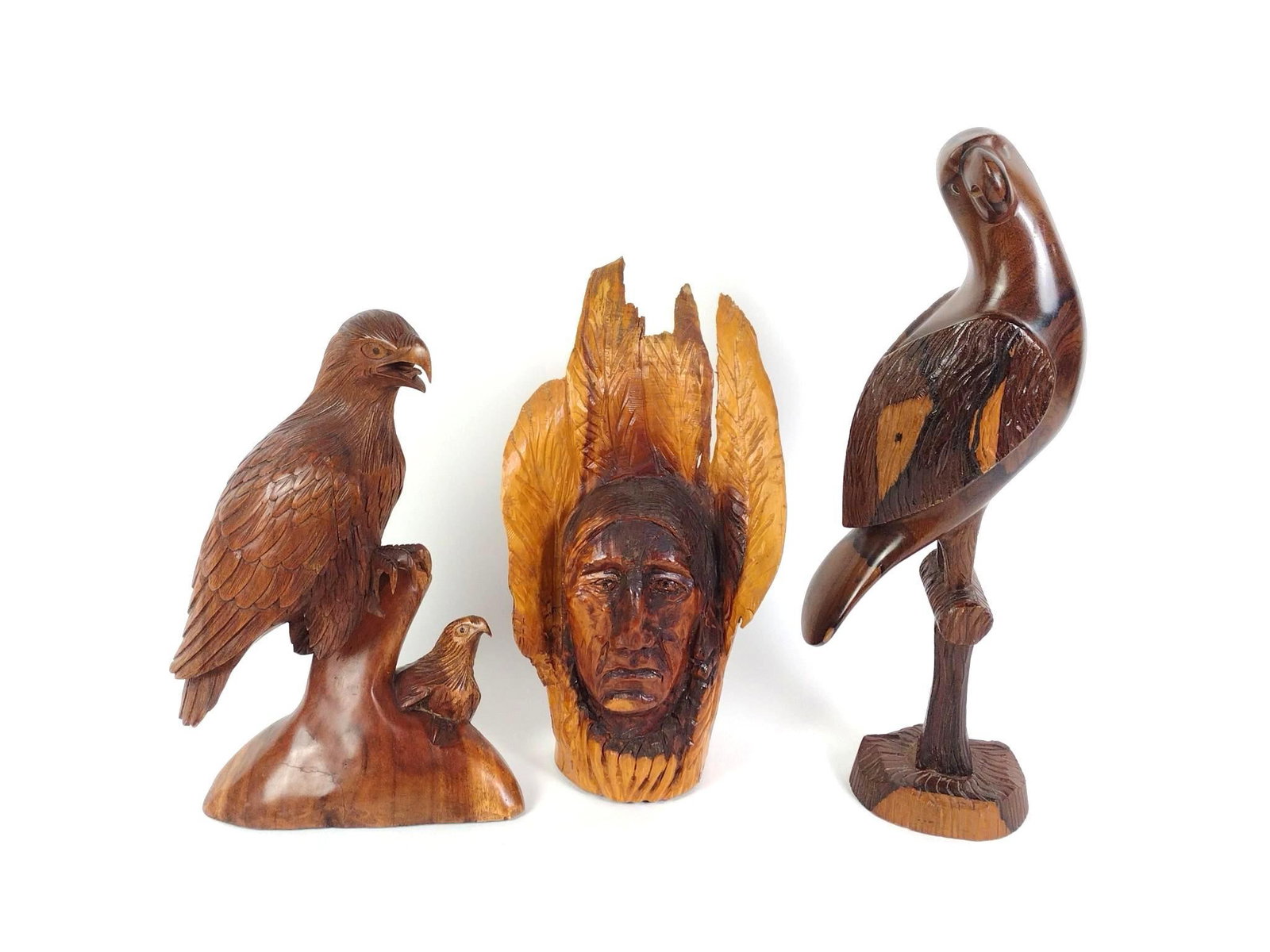 2 Unsigned Bird Statues & David Brown Native American Chief: Largest measures 7" x 5" x 21". 