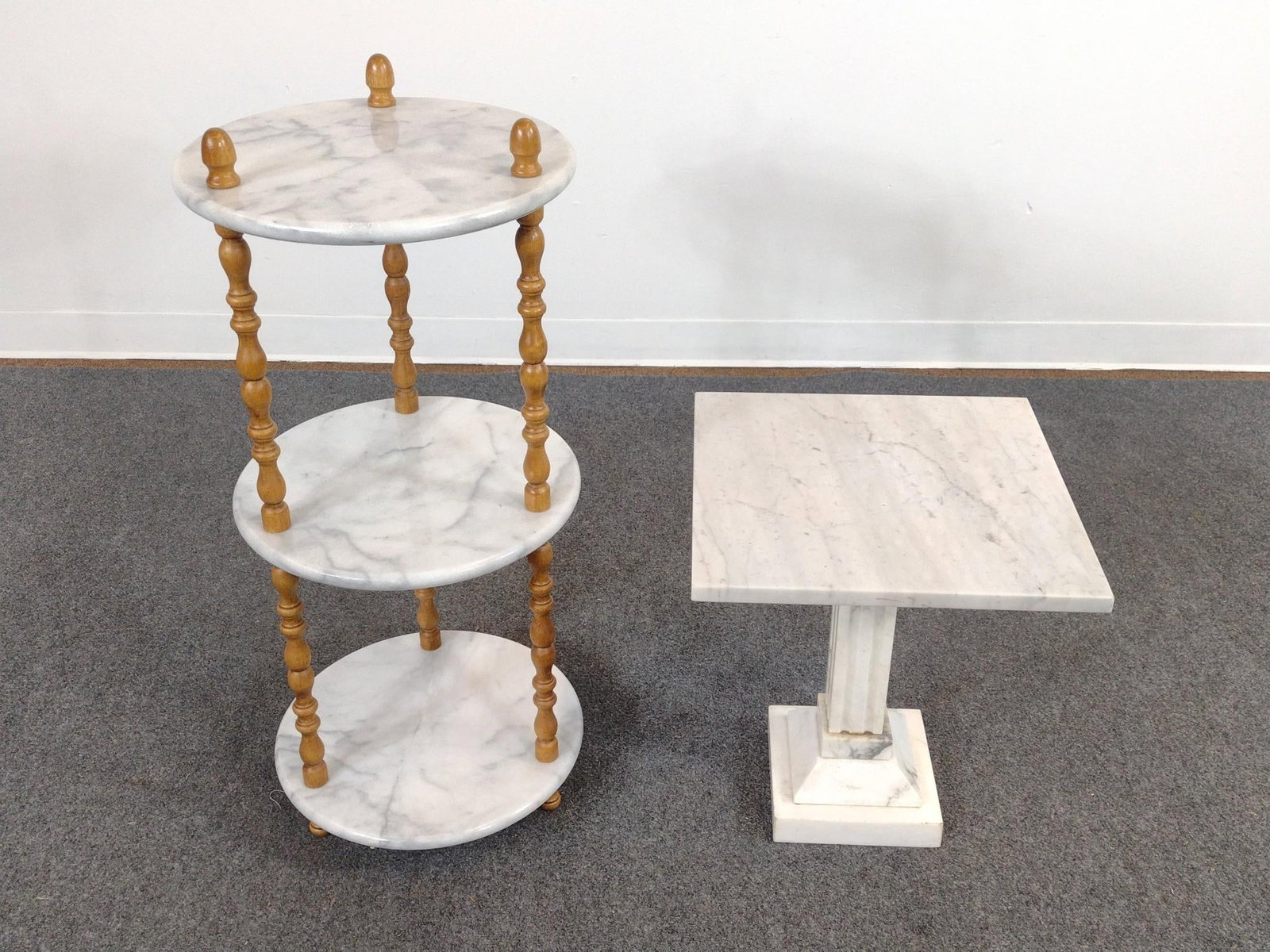 Marble Etagere and Pedestal Table: Stand 15" diameter X 34" high. Table 16" wide X 16" deep X 17-1/2" high. 