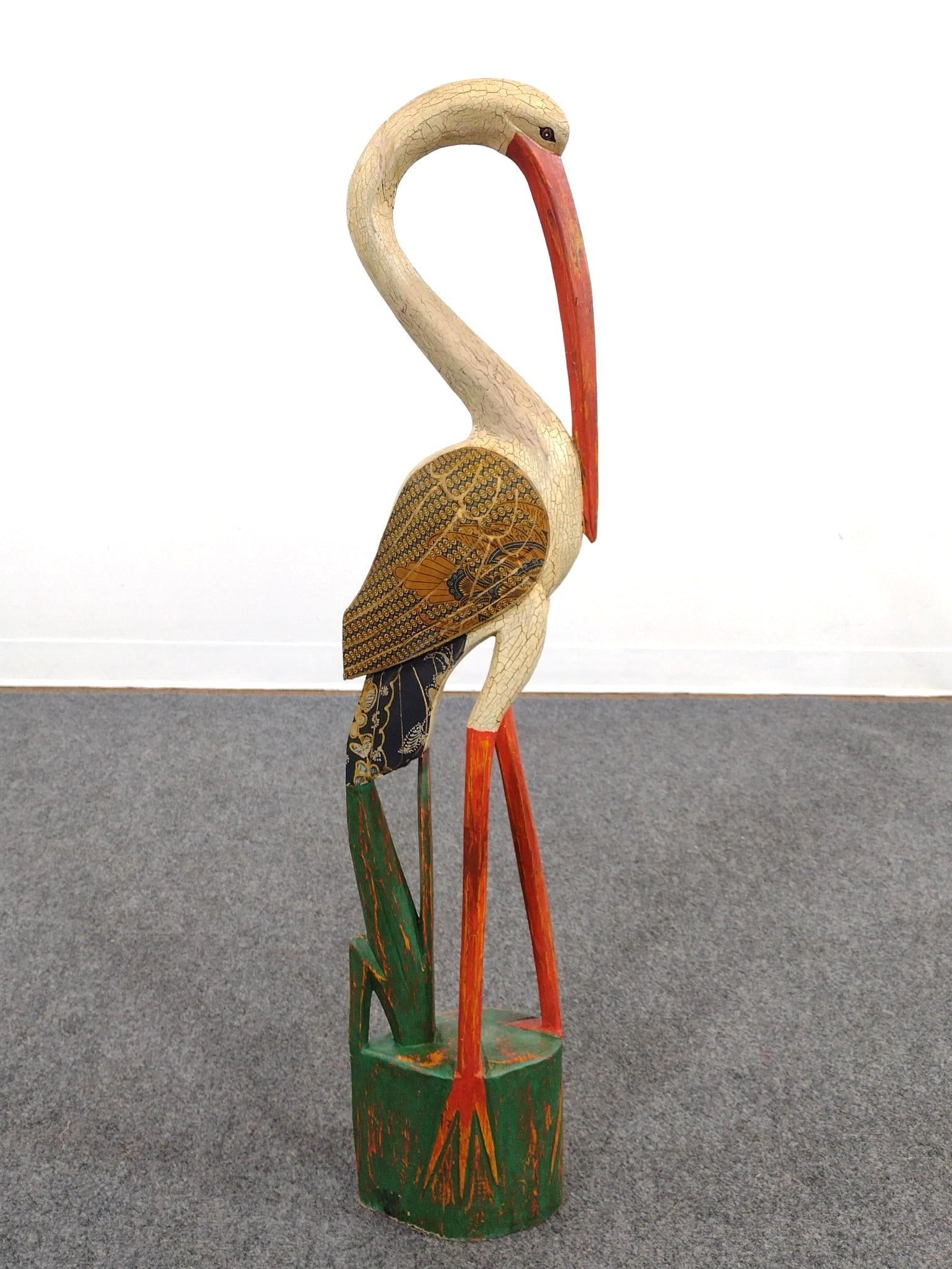 Painted Hand Carved Crane Sculpture: 7-1/2" wide X 4" deep X 38-1/2" high. No signature found.
