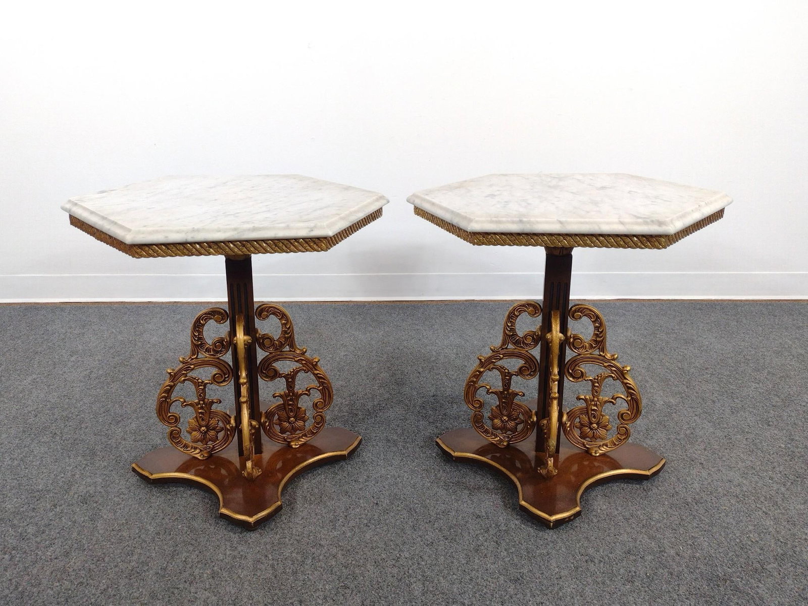 Pair of Italian Baroque Revival Marble Top End Tables: Each 23" wide X 20" deep X 23" high. No manufactures name found.