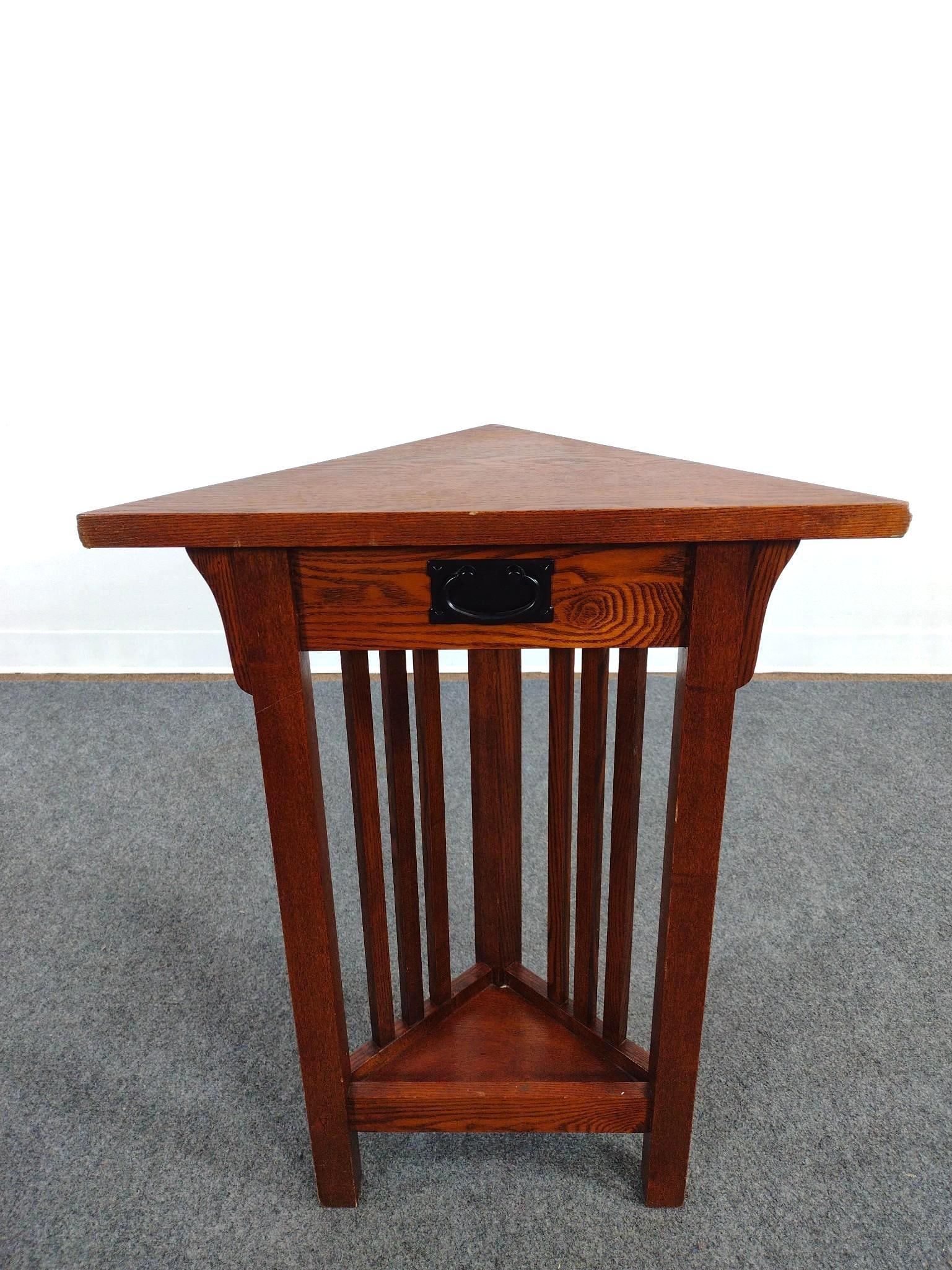 Arts and Crafts Mission Style Corner Stand: 22-1/2" wide X 11-1/2" deep X 30" high. Has some scratches. One corner has small chip. 