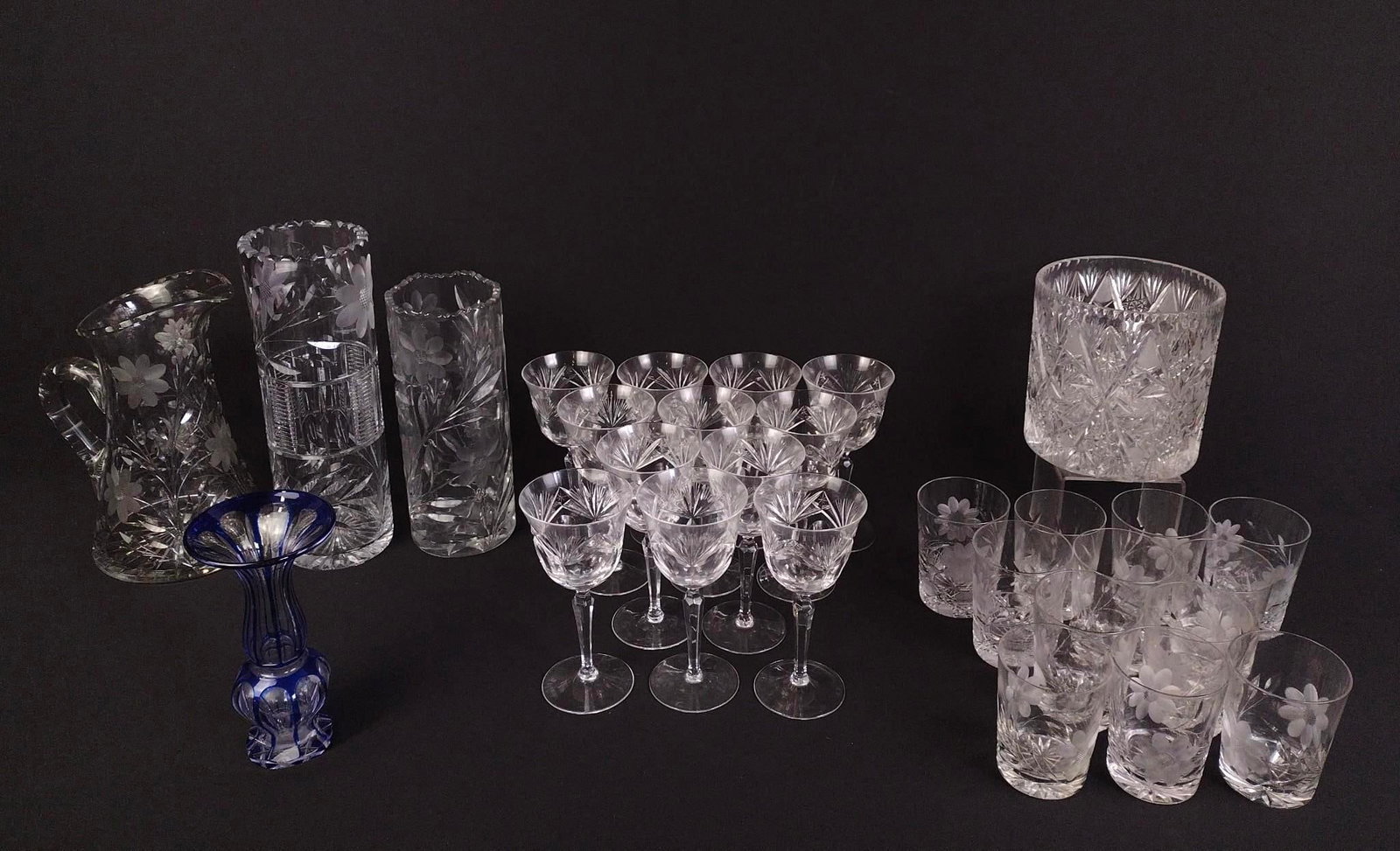 Cut Glass Drinkware & Vases: 3-3/8" to 3-7/8" wide x 6-3/4" to 7-3/8" high. 