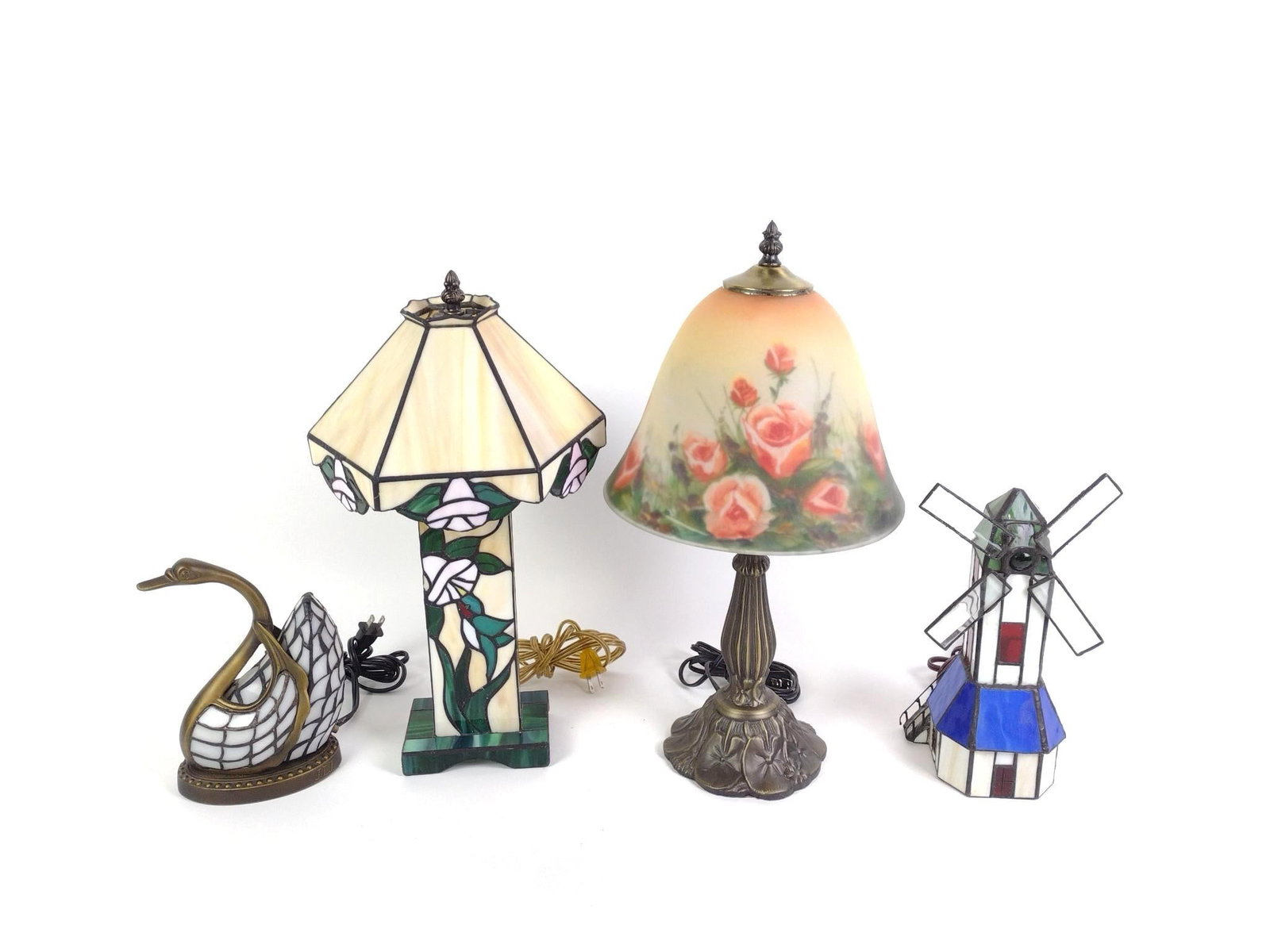 4 Vintage Novelty Accent Table Lamps: Includes Tiffany style swan, geometric floral stained glass, reverse painted boudoir, and leaded glass windmill. 4-1/2" to 9" wide x 10-1/2" to 19" high. 