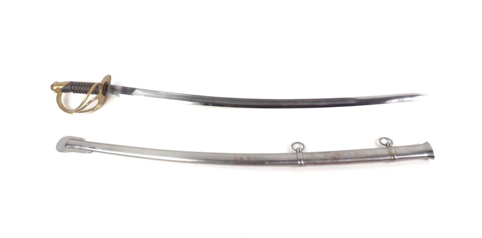 Reproduction US Model 1860 Light Cavalry Saber: With sheath. No blade markings. Overall 42" long. 