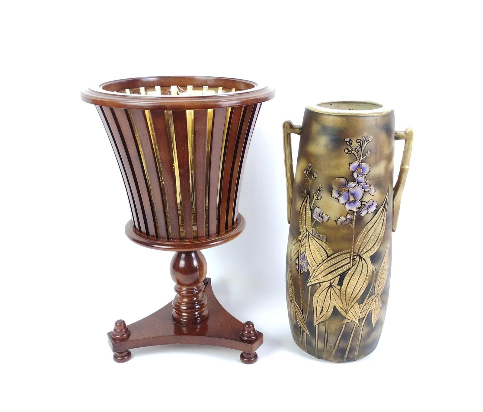 Art Nouveau Style Vase & Bombay Co. Plant Holder: 8" to 13" wide x 18-1/4" to 19-1/4" high. 