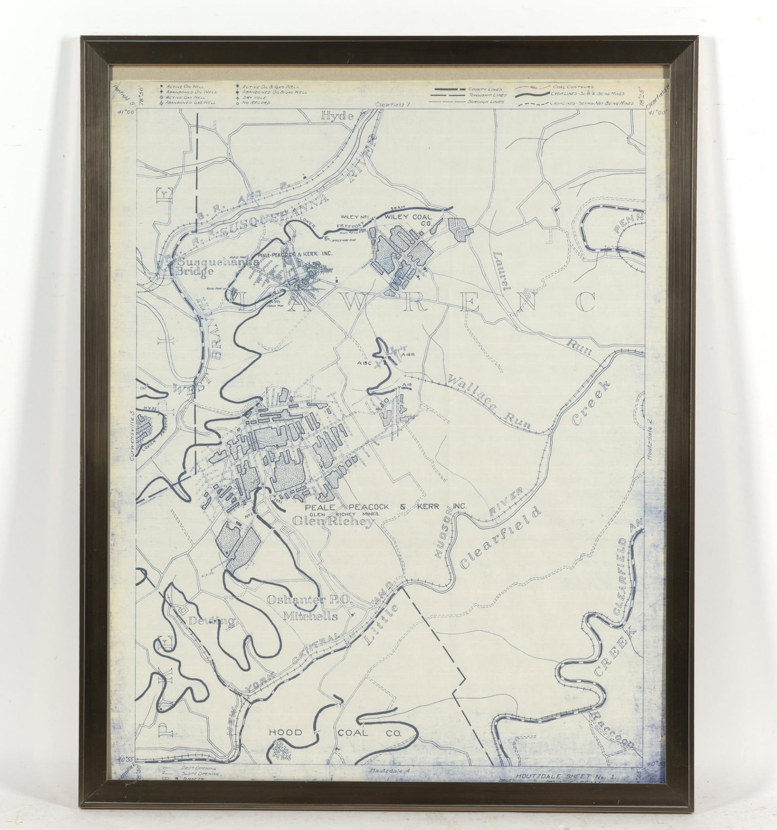 Glen Richey Blueprint Mining Survey Map: Framed. Peale Peacock and Kerr. 30" high x 23-7/8" wide. 