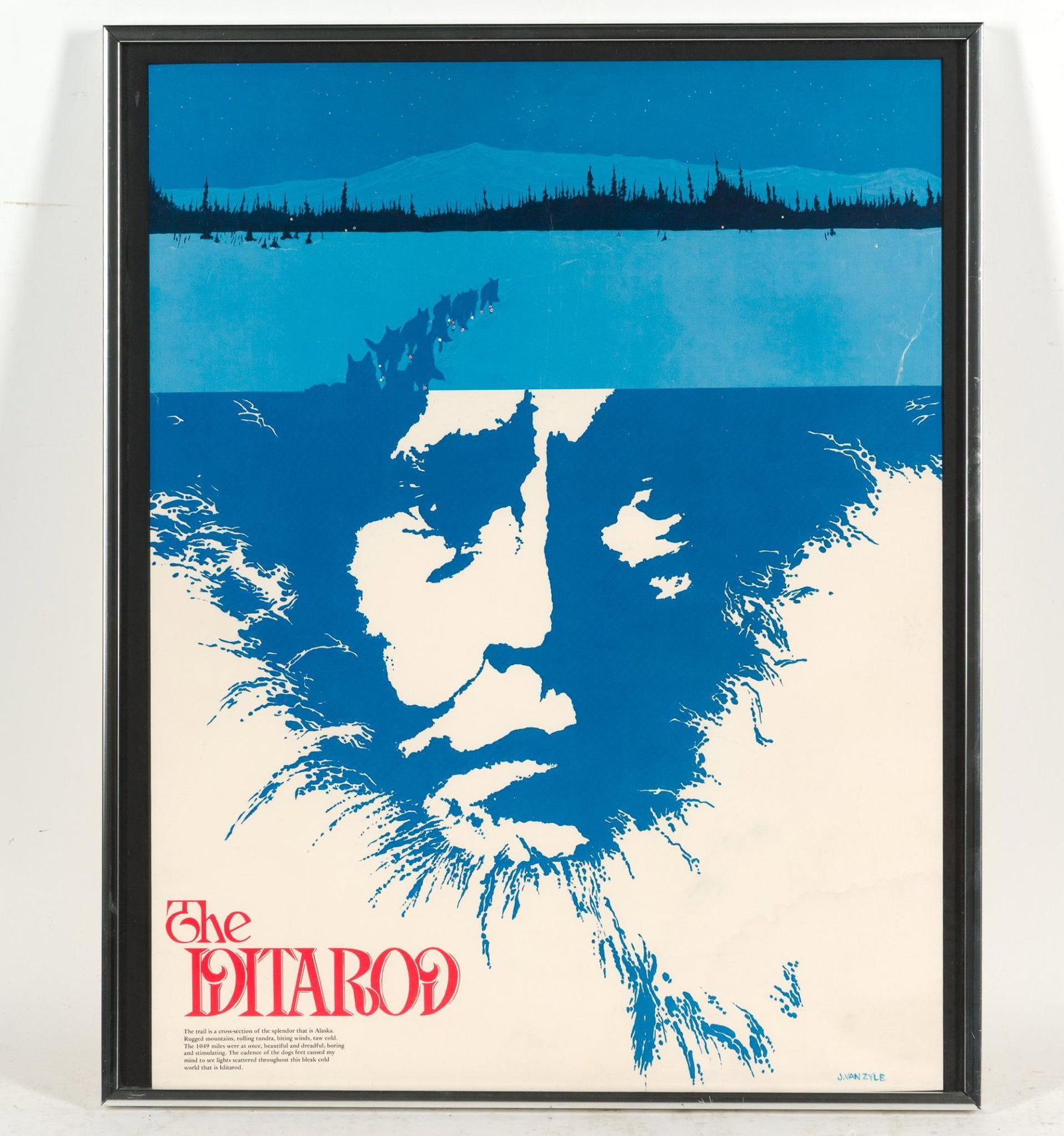 Official Iditarod Poster by Jon Van Zyle: 1977 promotional poster for the Iditarod sled dog race. Framed. 21" high x 17-1/4" wide. 