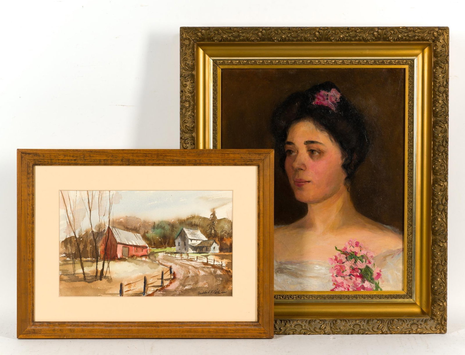 2 Paintings Incl. Patterson Watercolor: One signed. Includes oil on canvas "Portrait of a Lady" and barn scene. 14-5/8" to 23-5/8" high x 19-3/4" to 20-3/4" wide. "Portrait of a Lady" had the frame repaired in 2003.
