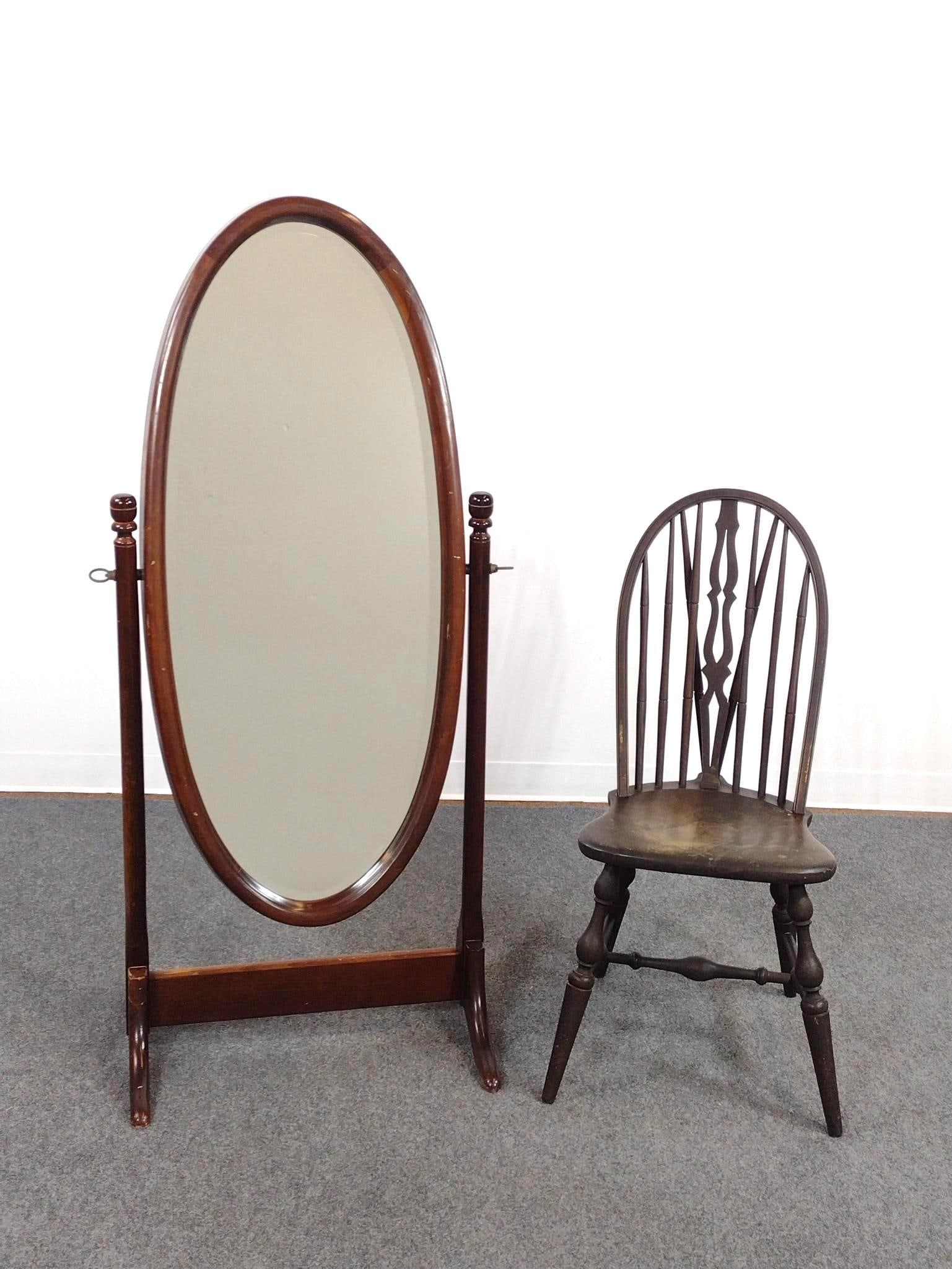 Cheval Dressing Mirror and Windsor Style Side Chair: Mirror 27" wide X 17-1/2" deep X 57-1/2" high. Chair 16-1/2" wide X 19" deep X 37-1/2" high. Both have scratches and areas of finish loss. 