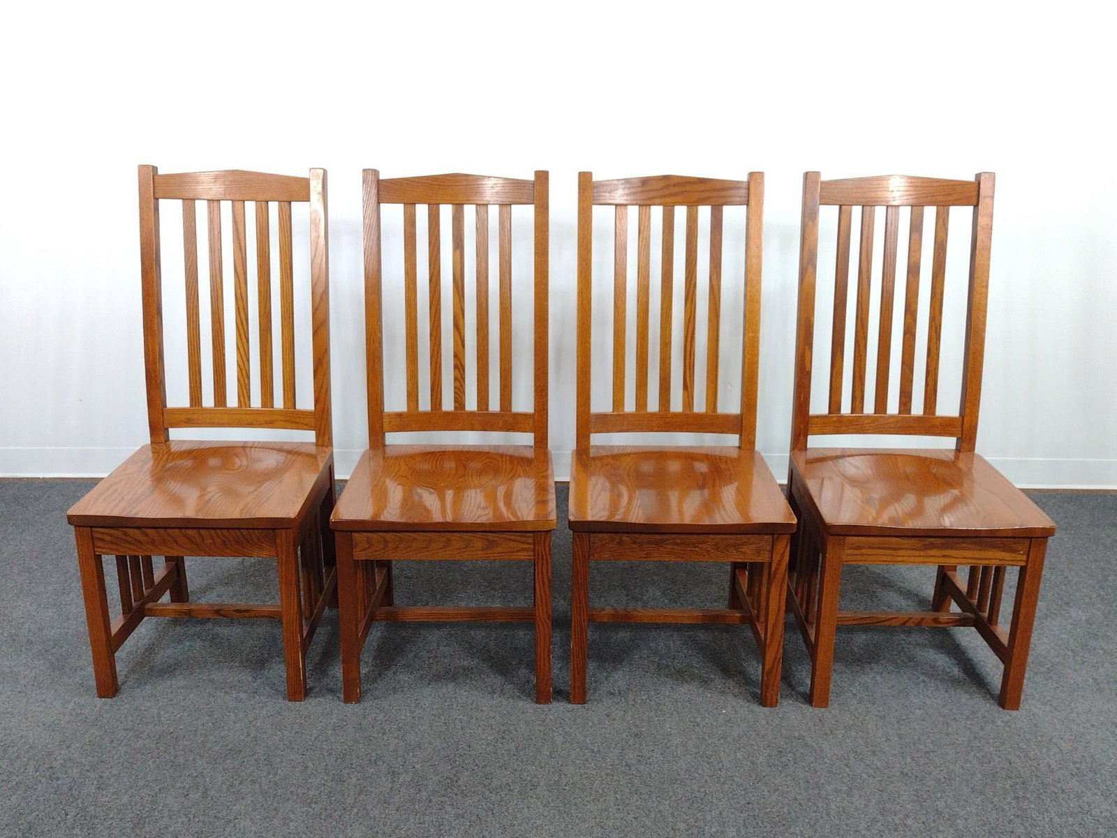 Set of 4 Arts and Crafts Mission Style Dining Chairs: Each 18-1/2" wide X 18" deep X 42-3/4" high. No manufactures name found.